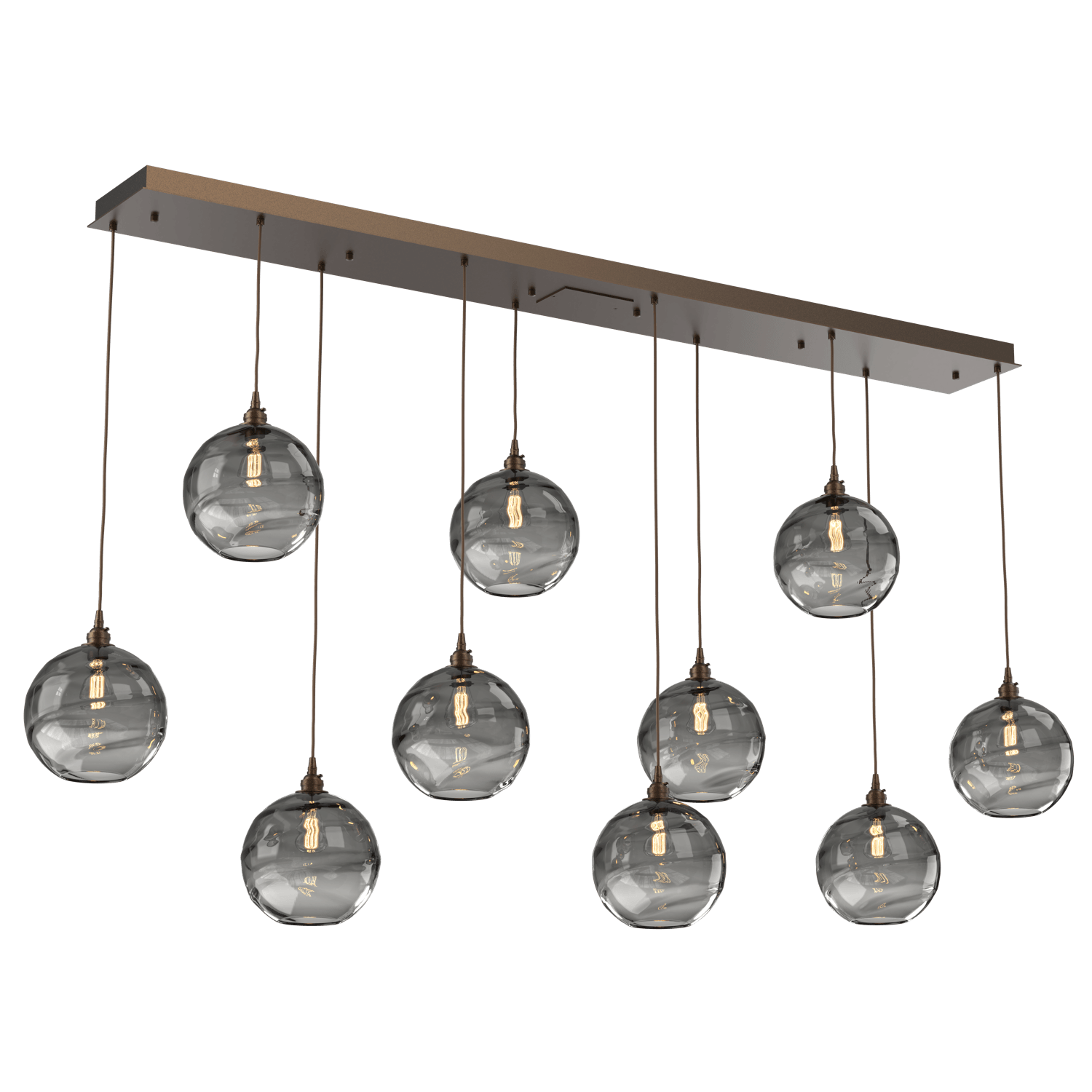 PLB0047-10-FB-OS-Hammerton-Studio-Optic-Blown-Glass-Terra-10-light-linear-pendant-chandelier-with-flat-bronze-finish-and-optic-smoke-blown-glass-shades-and-incandescent-lamping