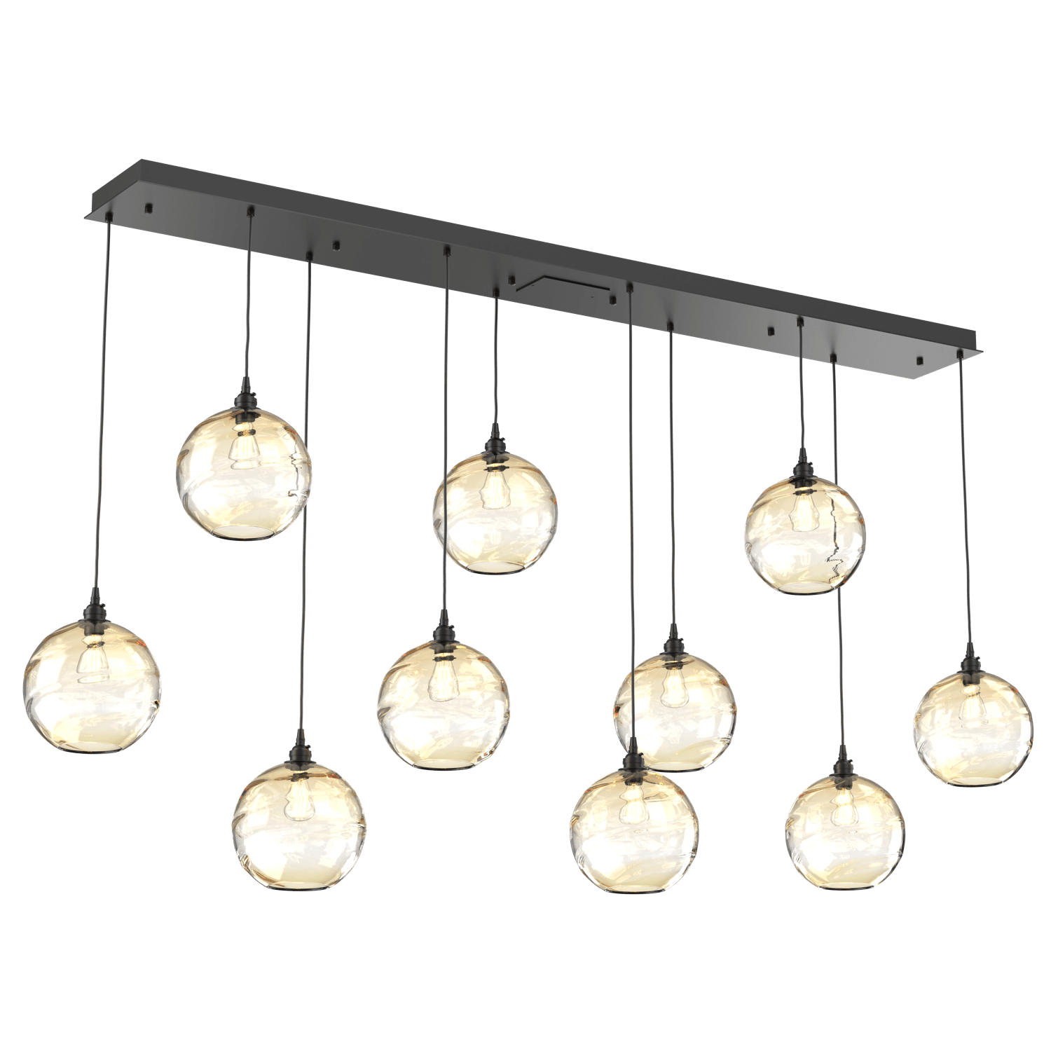 PLB0047-10-MB-OA-Hammerton-Studio-Optic-Blown-Glass-Terra-10-light-linear-pendant-chandelier-with-matte-black-finish-and-optic-amber-blown-glass-shades-and-incandescent-lamping