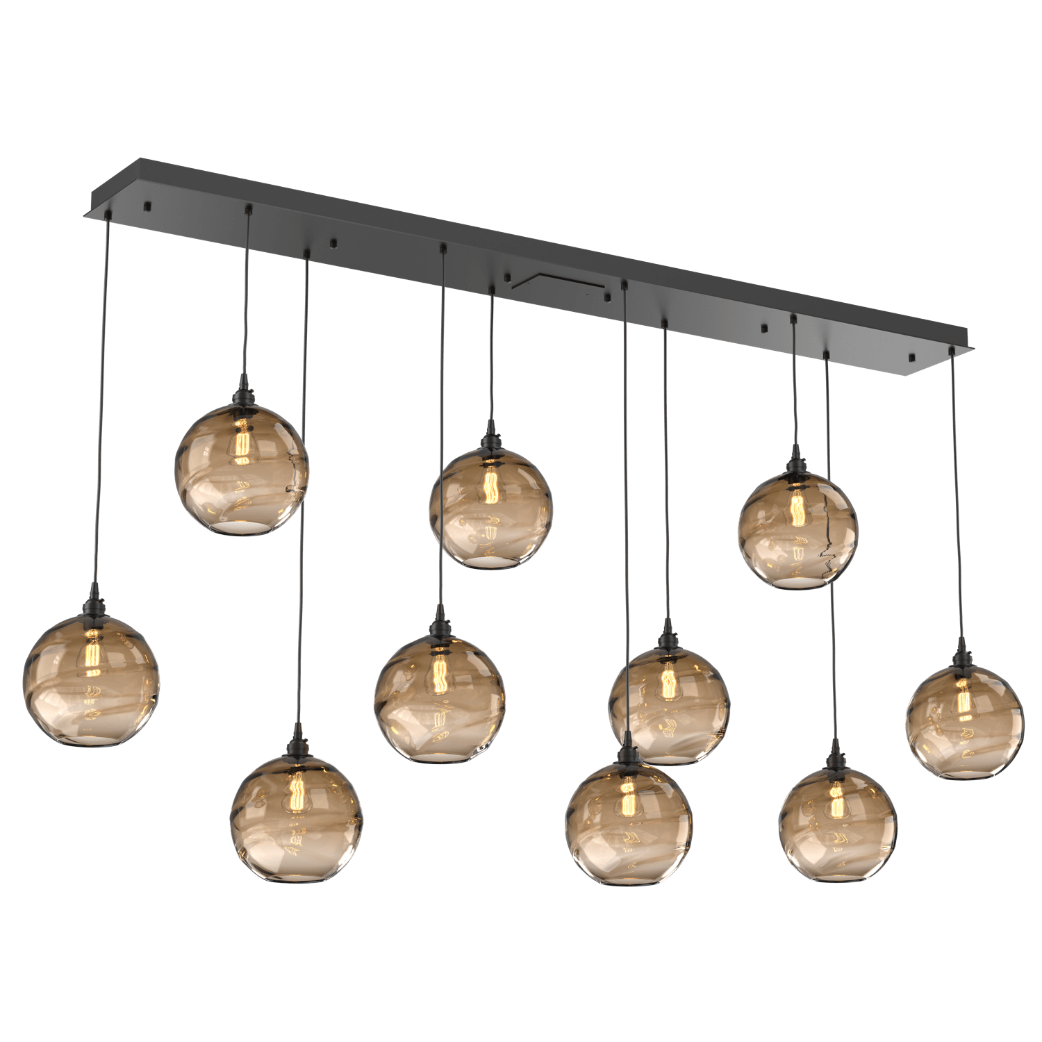 PLB0047-10-MB-OB-Hammerton-Studio-Optic-Blown-Glass-Terra-10-light-linear-pendant-chandelier-with-matte-black-finish-and-optic-bronze-blown-glass-shades-and-incandescent-lamping
