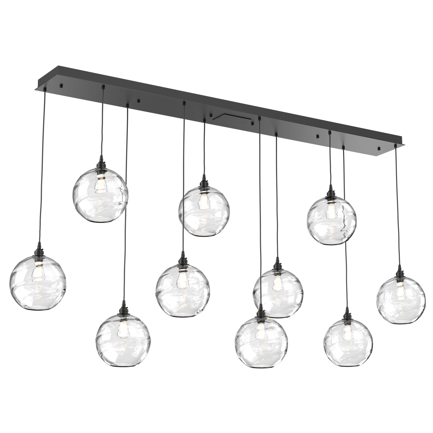 PLB0047-10-MB-OC-Hammerton-Studio-Optic-Blown-Glass-Terra-10-light-linear-pendant-chandelier-with-matte-black-finish-and-optic-clear-blown-glass-shades-and-incandescent-lamping