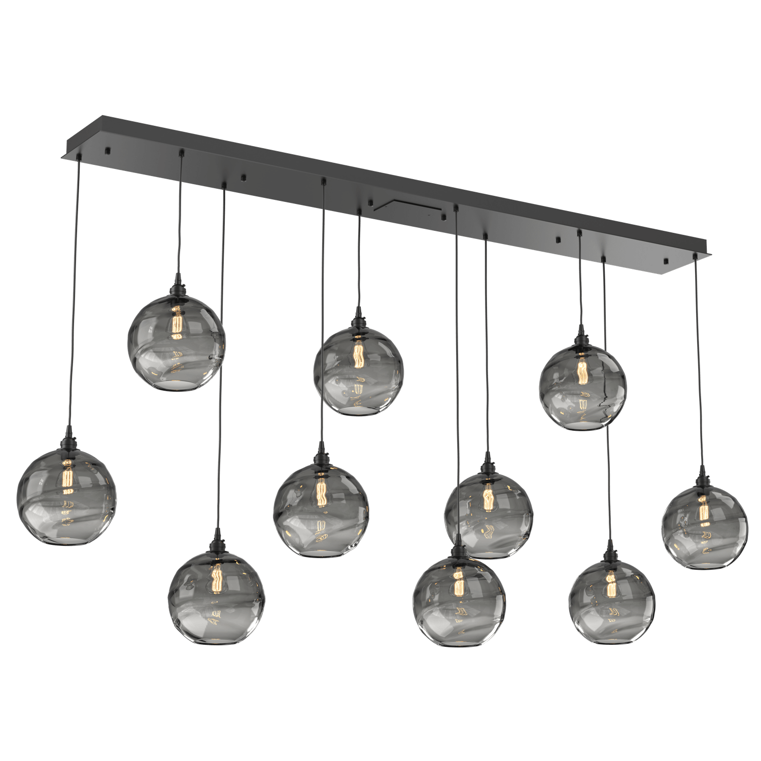 PLB0047-10-MB-OS-Hammerton-Studio-Optic-Blown-Glass-Terra-10-light-linear-pendant-chandelier-with-matte-black-finish-and-optic-smoke-blown-glass-shades-and-incandescent-lamping