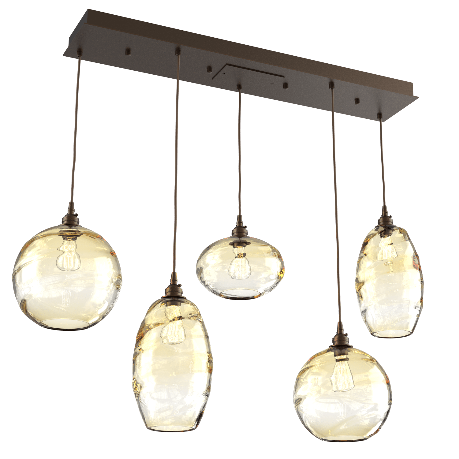 PLB0048-05-FB-OA-Hammerton-Studio-Optic-Blown-Glass-Misto-5-light-linear-pendant-chandelier-with-flat-bronze-finish-and-optic-amber-blown-glass-shades-and-incandescent-lamping