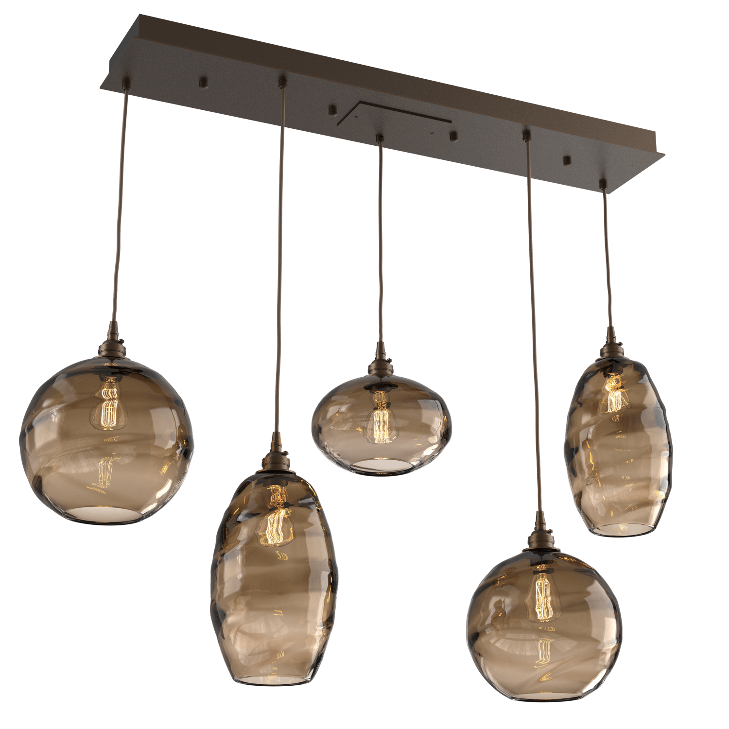 PLB0048-05-FB-OB-Hammerton-Studio-Optic-Blown-Glass-Misto-5-light-linear-pendant-chandelier-with-flat-bronze-finish-and-optic-bronze-blown-glass-shades-and-incandescent-lamping