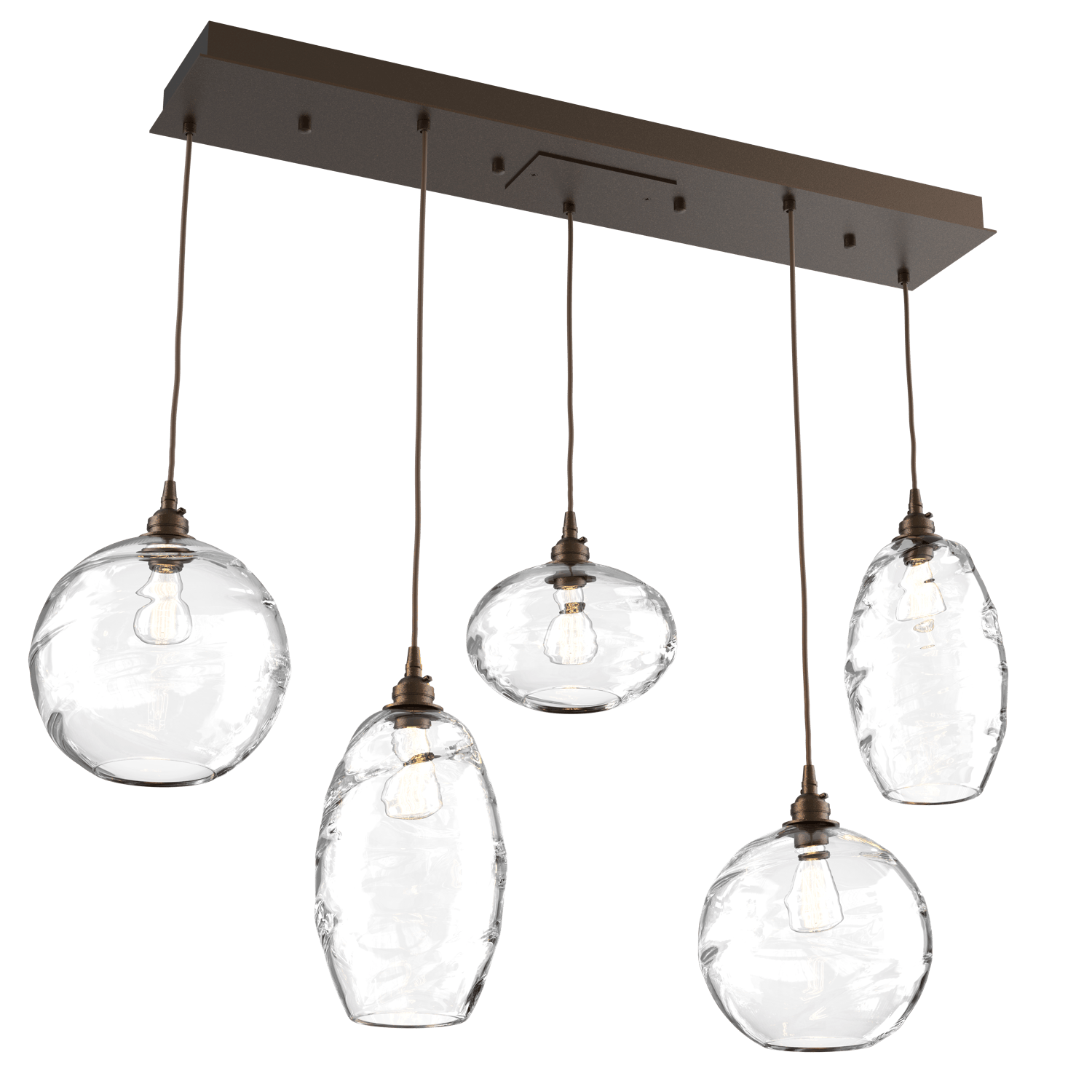 PLB0048-05-FB-OC-Hammerton-Studio-Optic-Blown-Glass-Misto-5-light-linear-pendant-chandelier-with-flat-bronze-finish-and-optic-clear-blown-glass-shades-and-incandescent-lamping