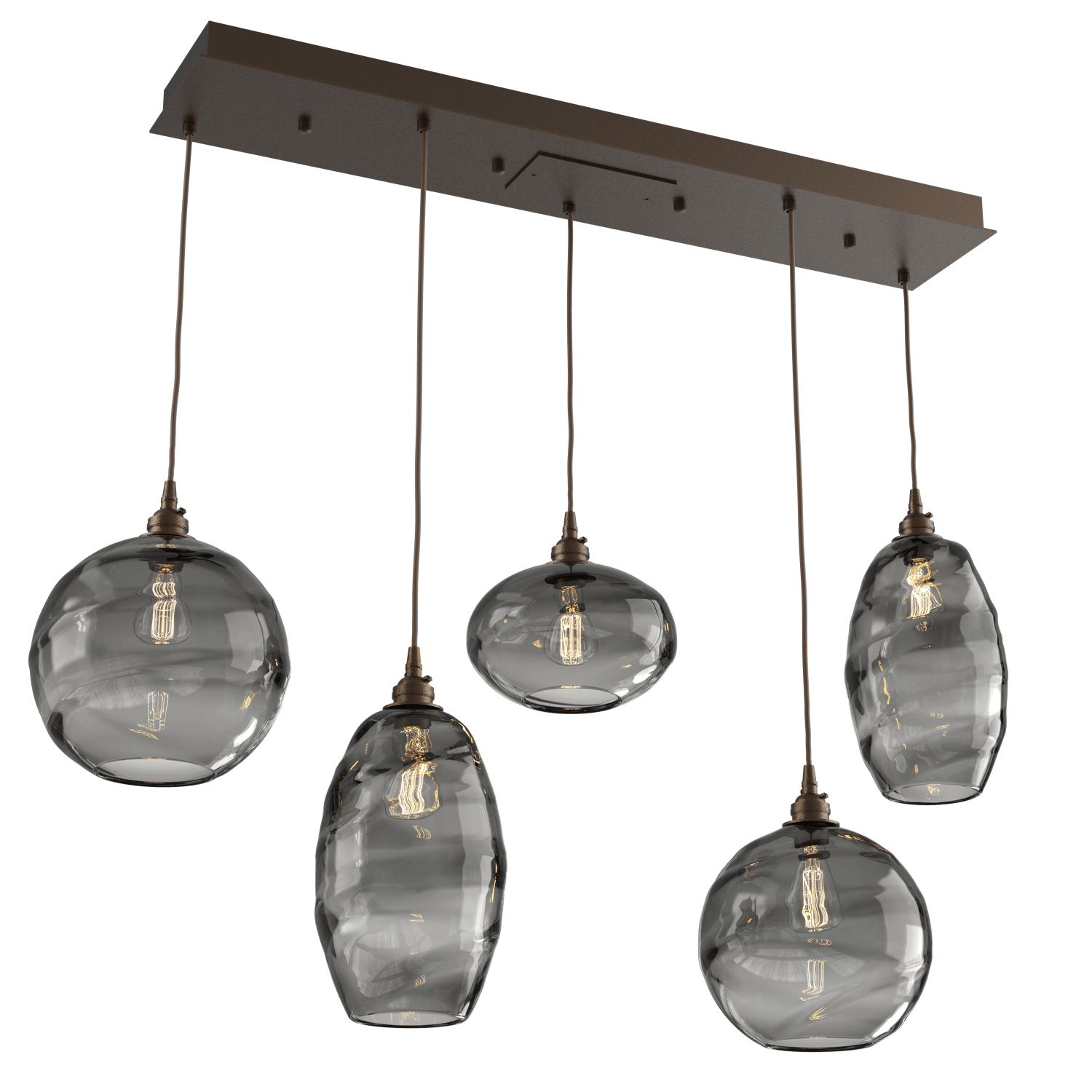 PLB0048-05-FB-OS-Hammerton-Studio-Optic-Blown-Glass-Misto-5-light-linear-pendant-chandelier-with-flat-bronze-finish-and-optic-smoke-blown-glass-shades-and-incandescent-lamping