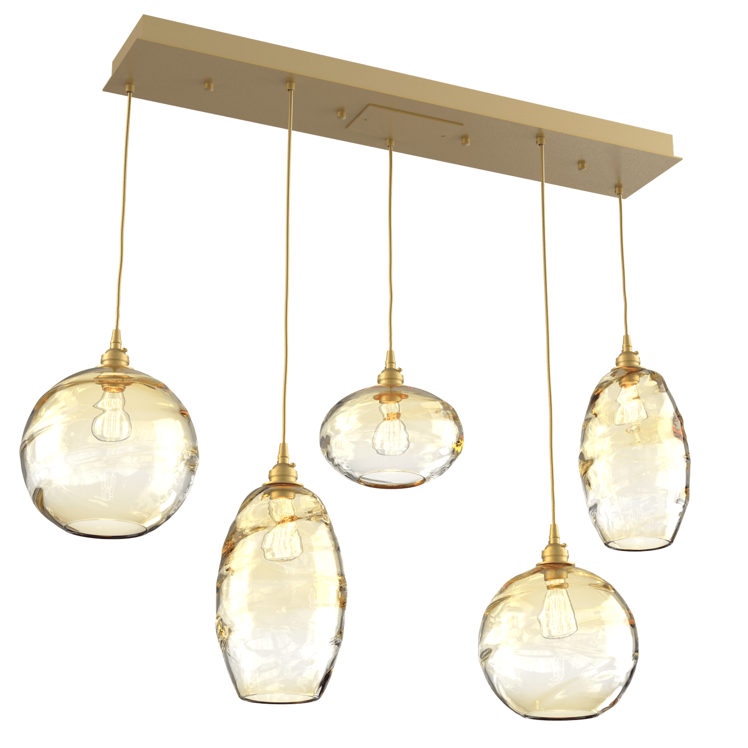 PLB0048-05-GB-OA-Hammerton-Studio-Optic-Blown-Glass-Misto-5-light-linear-pendant-chandelier-with-gilded-brass-finish-and-optic-amber-blown-glass-shades-and-incandescent-lamping