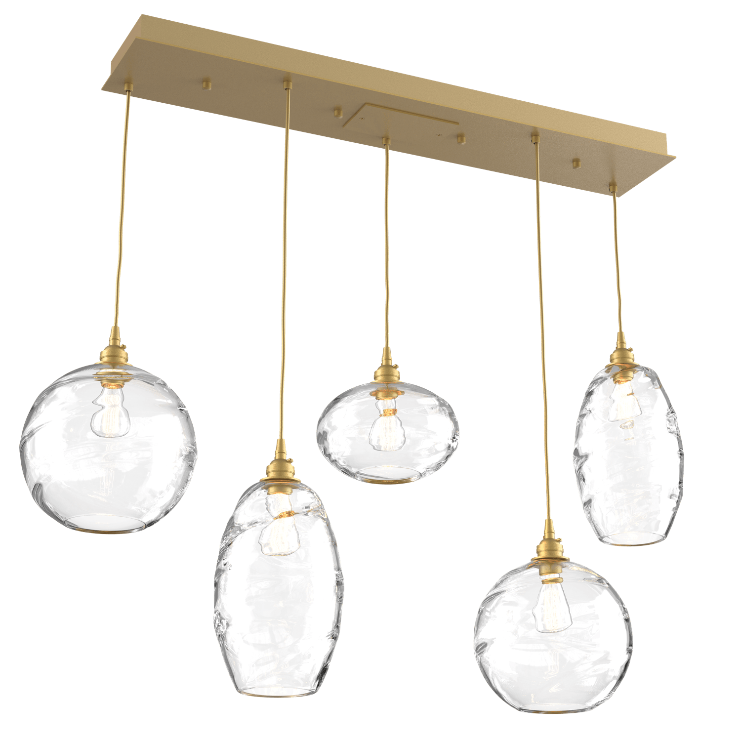 PLB0048-05-GB-OC-Hammerton-Studio-Optic-Blown-Glass-Misto-5-light-linear-pendant-chandelier-with-gilded-brass-finish-and-optic-clear-blown-glass-shades-and-incandescent-lamping