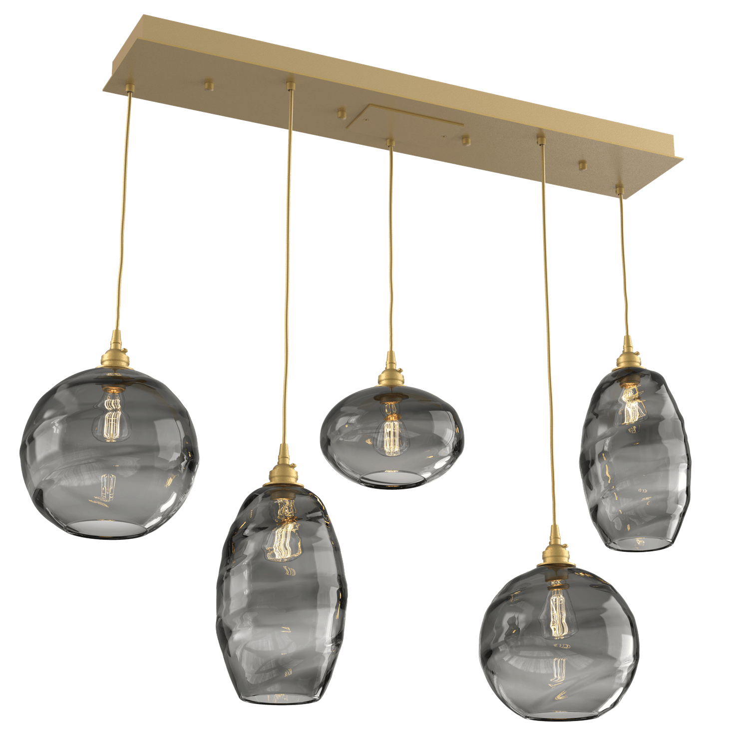 PLB0048-05-GB-OS-Hammerton-Studio-Optic-Blown-Glass-Misto-5-light-linear-pendant-chandelier-with-gilded-brass-finish-and-optic-smoke-blown-glass-shades-and-incandescent-lamping