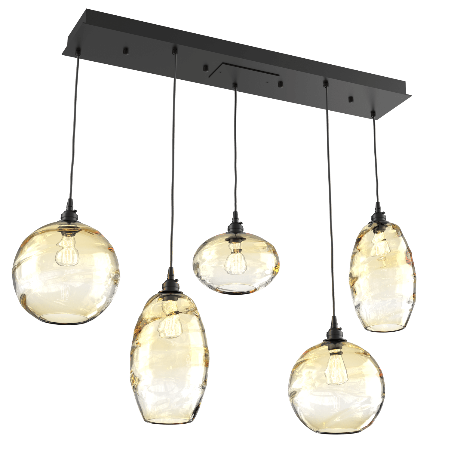 PLB0048-05-MB-OA-Hammerton-Studio-Optic-Blown-Glass-Misto-5-light-linear-pendant-chandelier-with-matte-black-finish-and-optic-amber-blown-glass-shades-and-incandescent-lamping