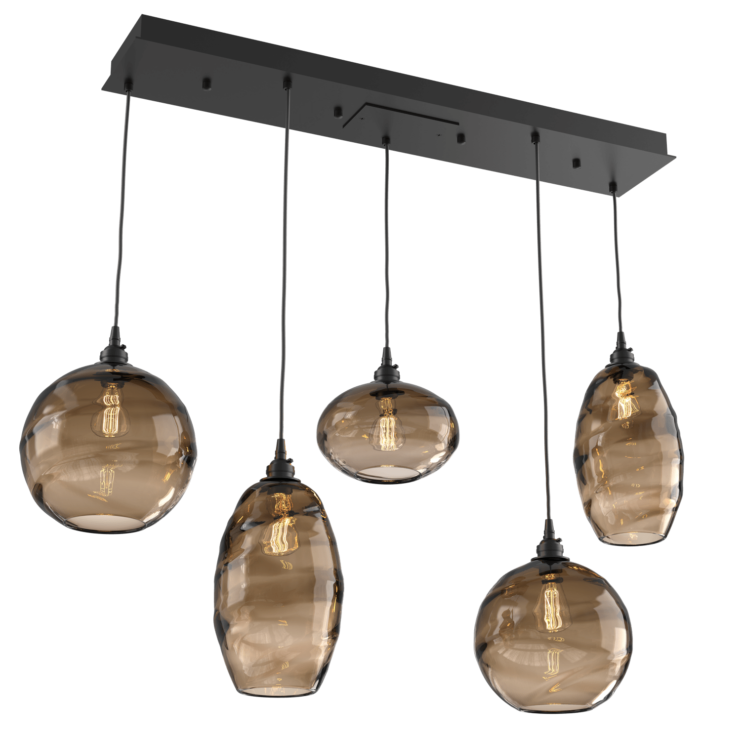 PLB0048-05-MB-OB-Hammerton-Studio-Optic-Blown-Glass-Misto-5-light-linear-pendant-chandelier-with-matte-black-finish-and-optic-bronze-blown-glass-shades-and-incandescent-lamping