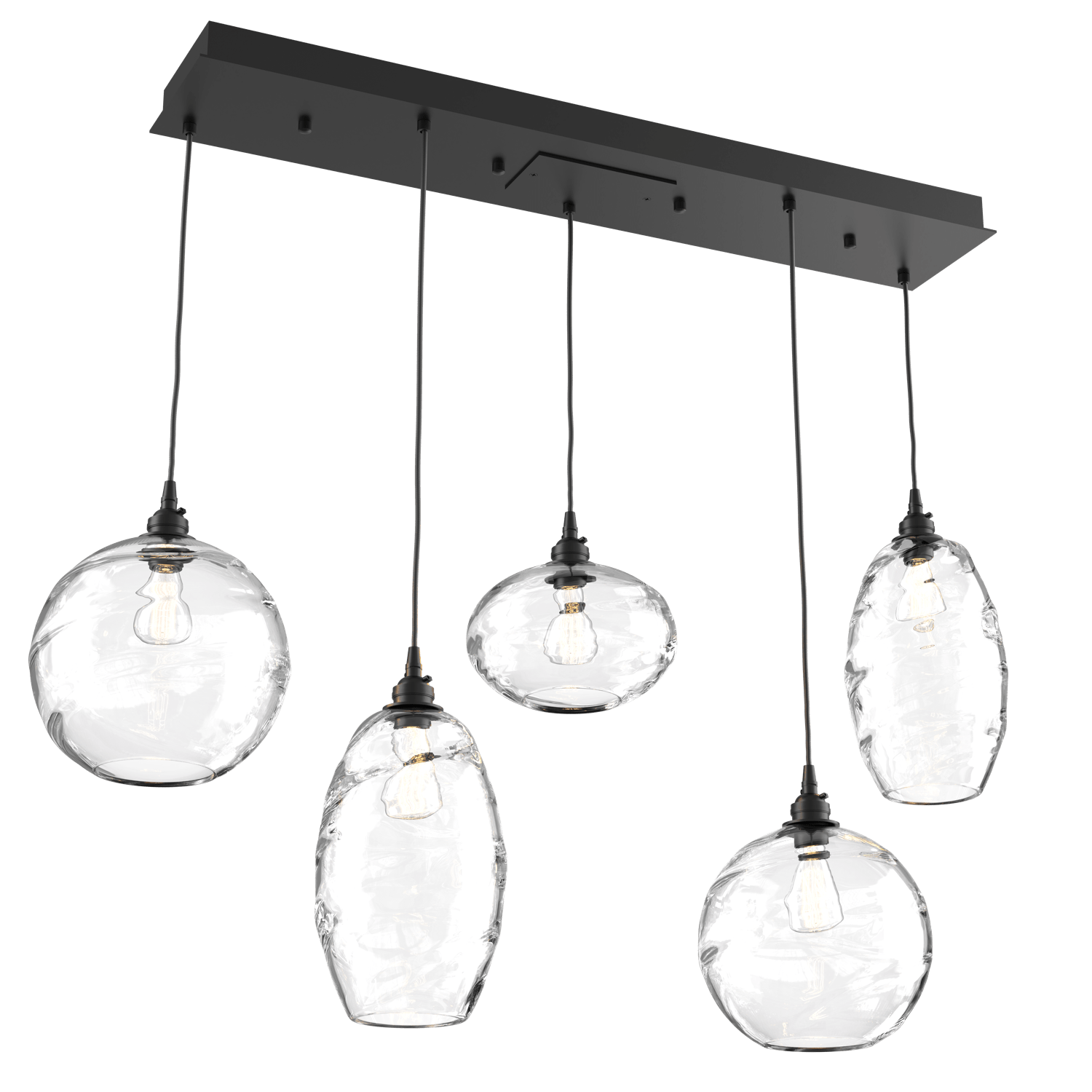 PLB0048-05-MB-OC-Hammerton-Studio-Optic-Blown-Glass-Misto-5-light-linear-pendant-chandelier-with-matte-black-finish-and-optic-clear-blown-glass-shades-and-incandescent-lamping
