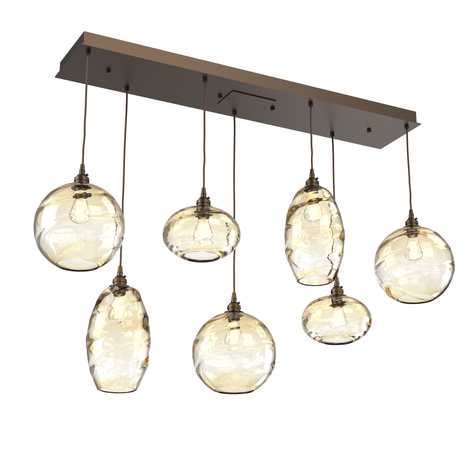 PLB0048-07-FB-OA-Hammerton-Studio-Optic-Blown-Glass-Misto-7-light-linear-pendant-chandelier-with-flat-bronze-finish-and-optic-amber-blown-glass-shades-and-incandescent-lamping