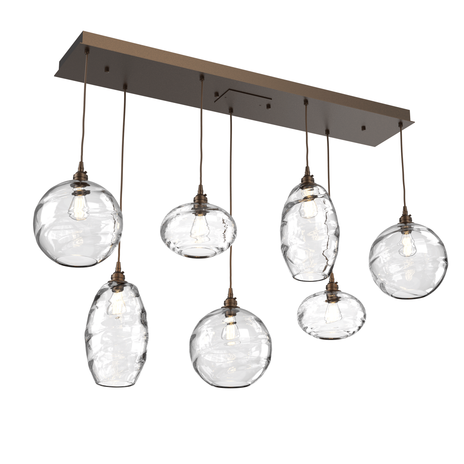 PLB0048-07-FB-OC-Hammerton-Studio-Optic-Blown-Glass-Misto-7-light-linear-pendant-chandelier-with-flat-bronze-finish-and-optic-clear-blown-glass-shades-and-incandescent-lamping