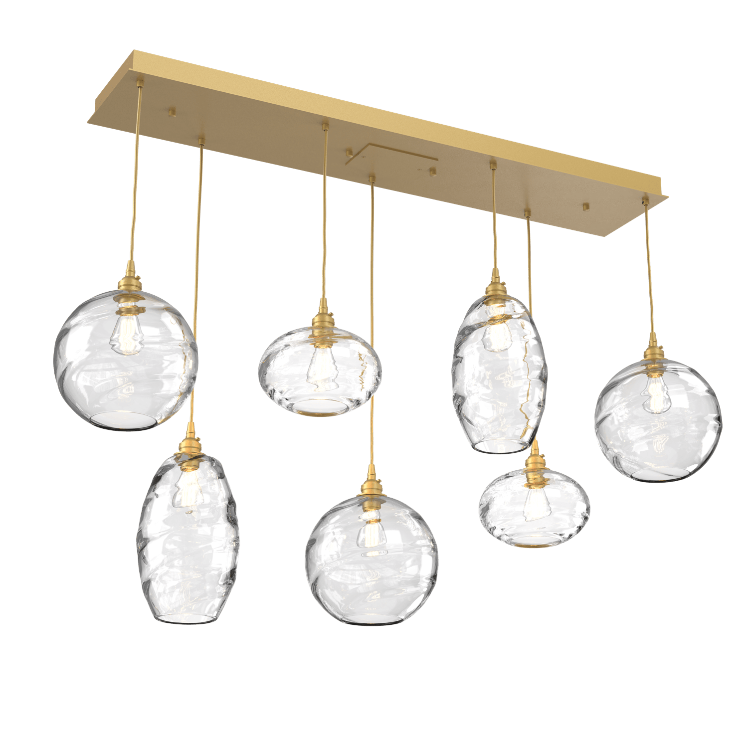 PLB0048-07-GB-OC-Hammerton-Studio-Optic-Blown-Glass-Misto-7-light-linear-pendant-chandelier-with-gilded-brass-finish-and-optic-clear-blown-glass-shades-and-incandescent-lamping
