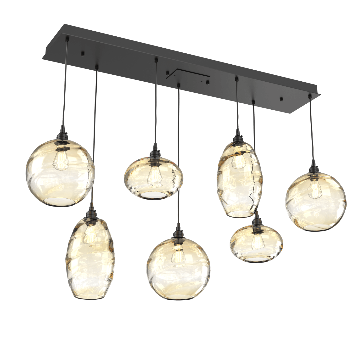 PLB0048-07-MB-OA-Hammerton-Studio-Optic-Blown-Glass-Misto-7-light-linear-pendant-chandelier-with-matte-black-finish-and-optic-amber-blown-glass-shades-and-incandescent-lamping