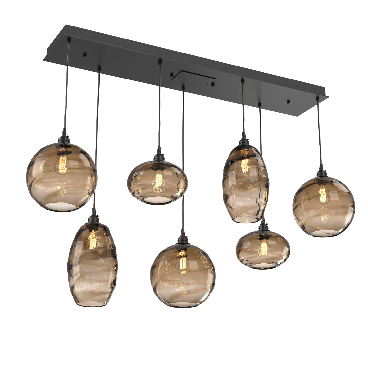 PLB0048-07-MB-OB-Hammerton-Studio-Optic-Blown-Glass-Misto-7-light-linear-pendant-chandelier-with-matte-black-finish-and-optic-bronze-blown-glass-shades-and-incandescent-lamping