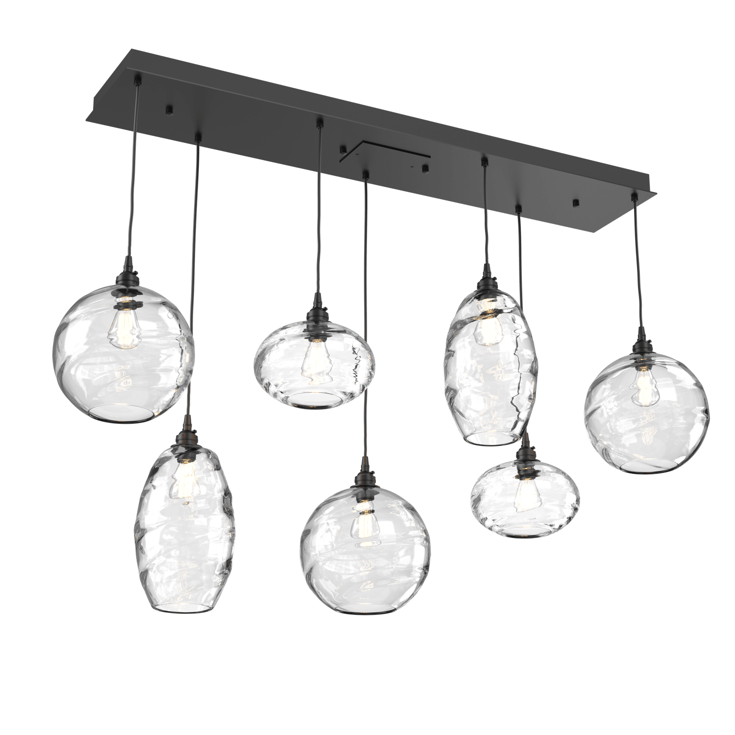 PLB0048-07-MB-OC-Hammerton-Studio-Optic-Blown-Glass-Misto-7-light-linear-pendant-chandelier-with-matte-black-finish-and-optic-clear-blown-glass-shades-and-incandescent-lamping