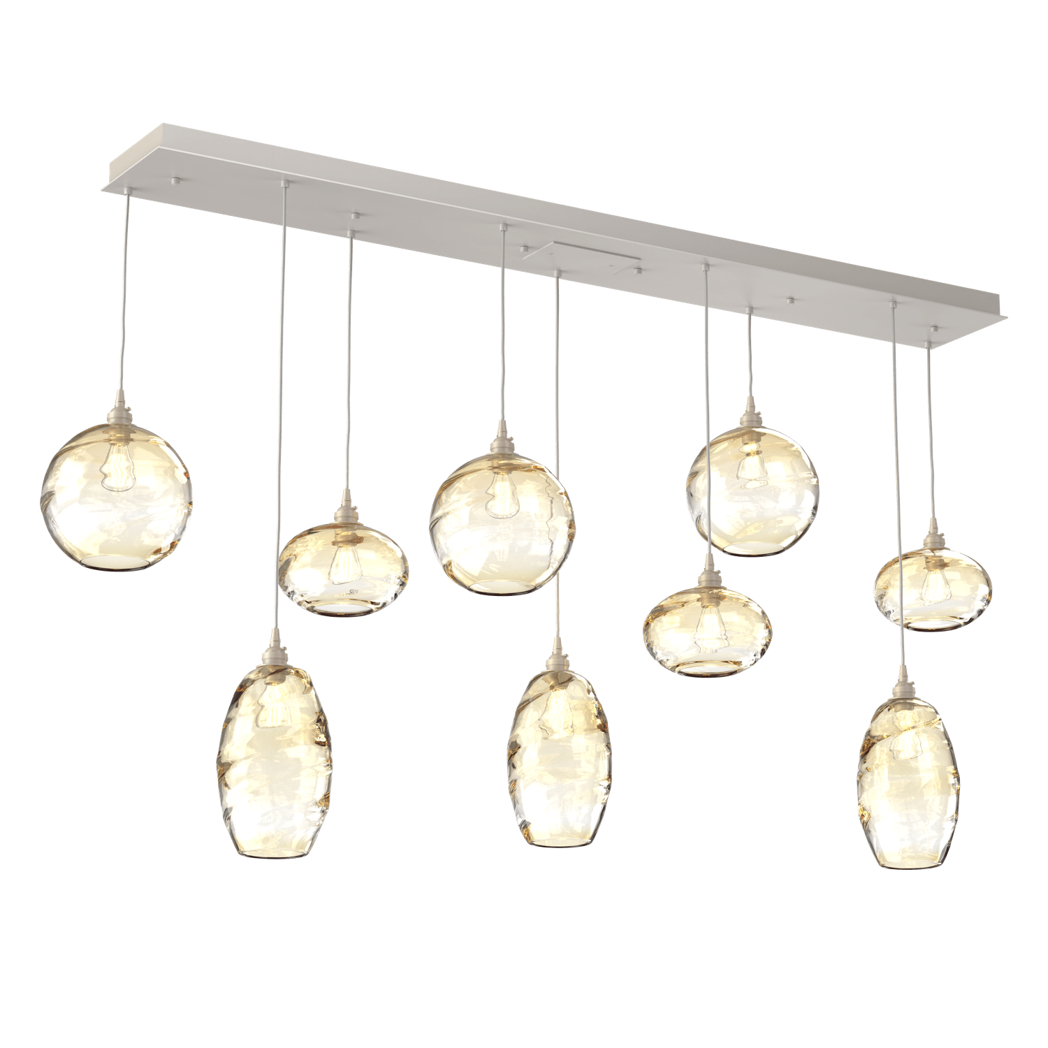 PLB0048-09-BS-OA-Hammerton-Studio-Optic-Blown-Glass-Misto-9-light-linear-pendant-chandelier-with-metallic-beige-silver-finish-and-optic-amber-blown-glass-shades-and-incandescent-lamping