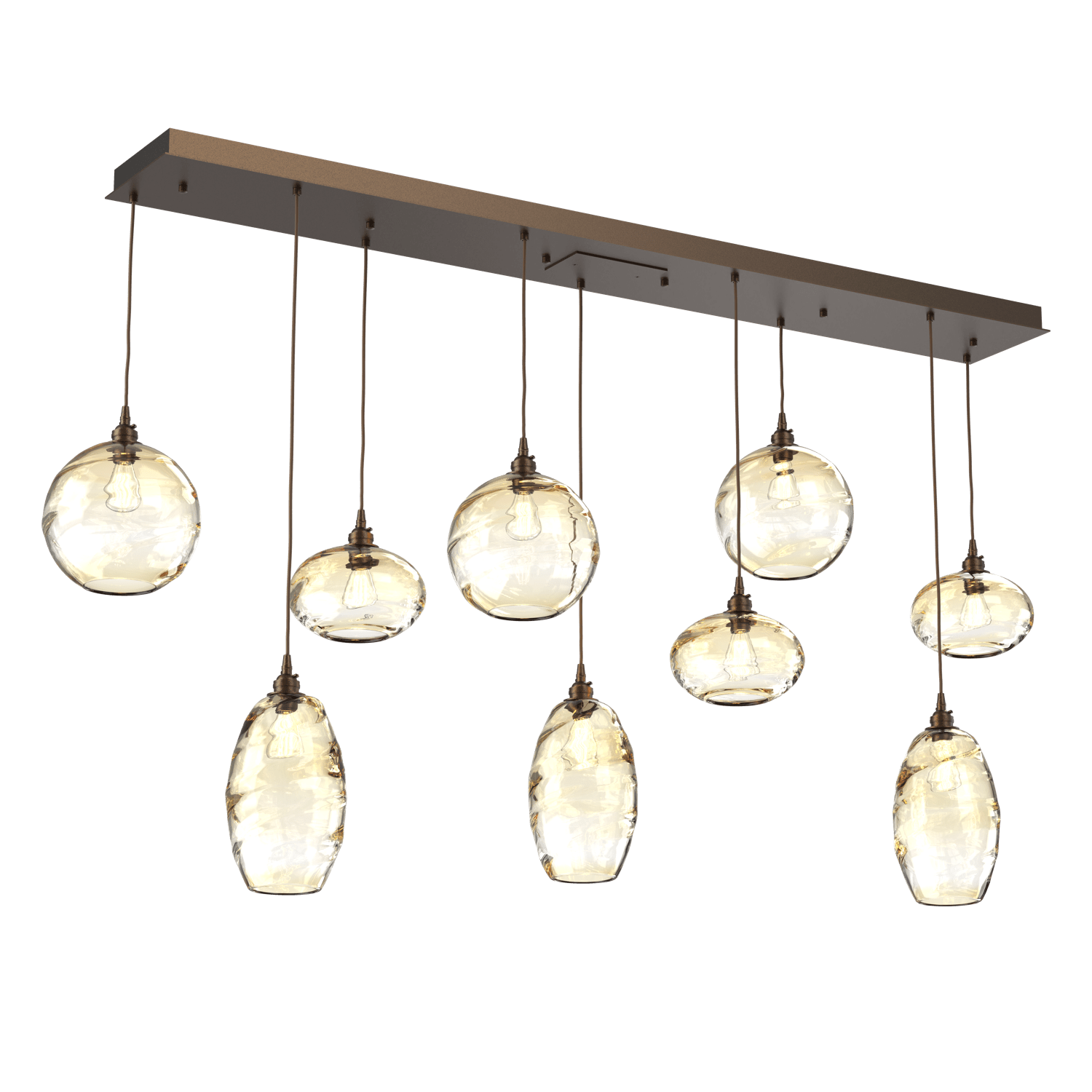 PLB0048-09-FB-OA-Hammerton-Studio-Optic-Blown-Glass-Misto-9-light-linear-pendant-chandelier-with-flat-bronze-finish-and-optic-amber-blown-glass-shades-and-incandescent-lamping