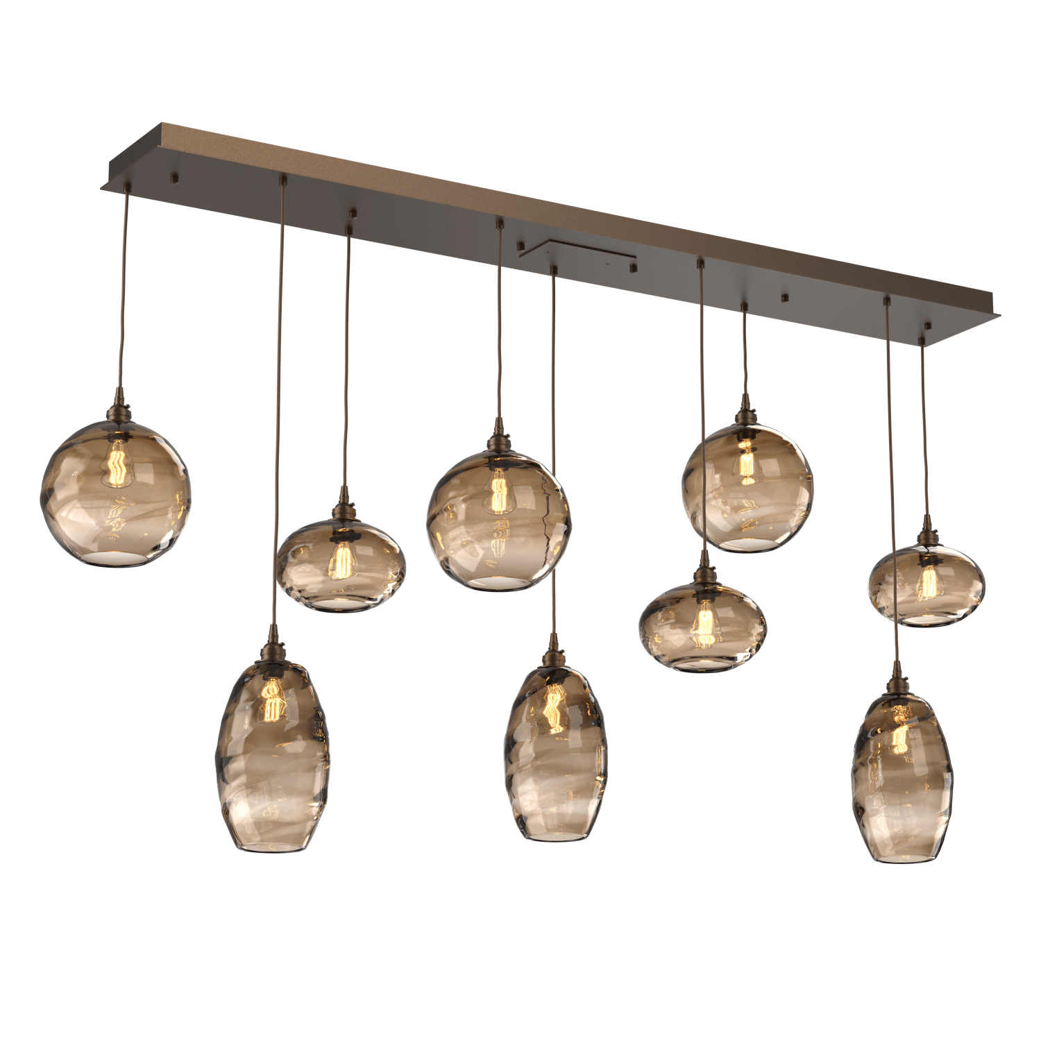 PLB0048-09-FB-OB-Hammerton-Studio-Optic-Blown-Glass-Misto-9-light-linear-pendant-chandelier-with-flat-bronze-finish-and-optic-bronze-blown-glass-shades-and-incandescent-lamping