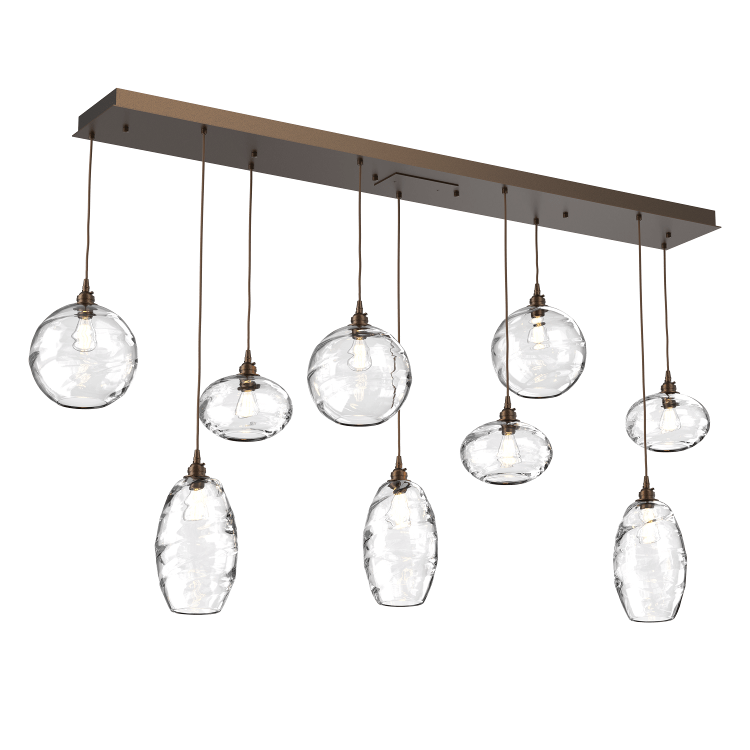 PLB0048-09-FB-OC-Hammerton-Studio-Optic-Blown-Glass-Misto-9-light-linear-pendant-chandelier-with-flat-bronze-finish-and-optic-clear-blown-glass-shades-and-incandescent-lamping