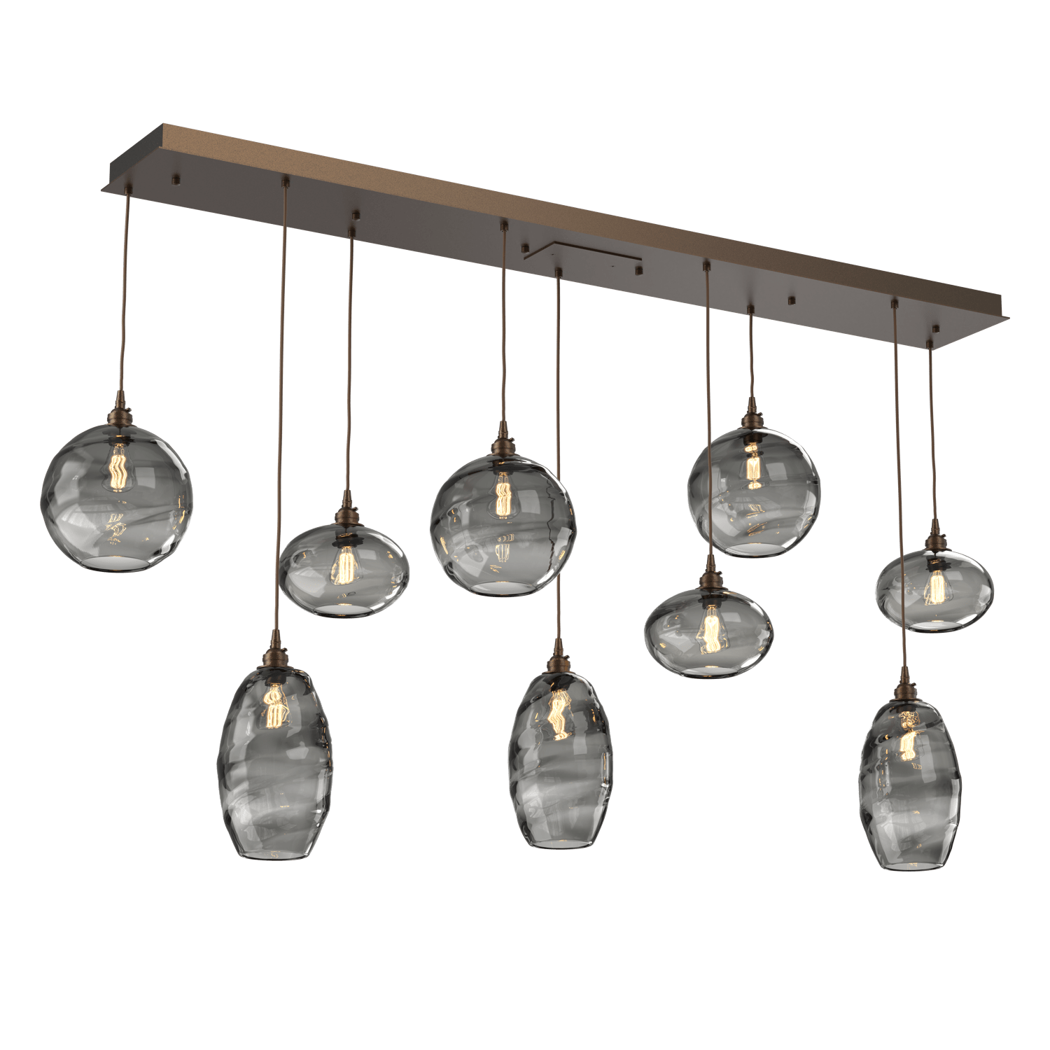 PLB0048-09-FB-OS-Hammerton-Studio-Optic-Blown-Glass-Misto-9-light-linear-pendant-chandelier-with-flat-bronze-finish-and-optic-smoke-blown-glass-shades-and-incandescent-lamping