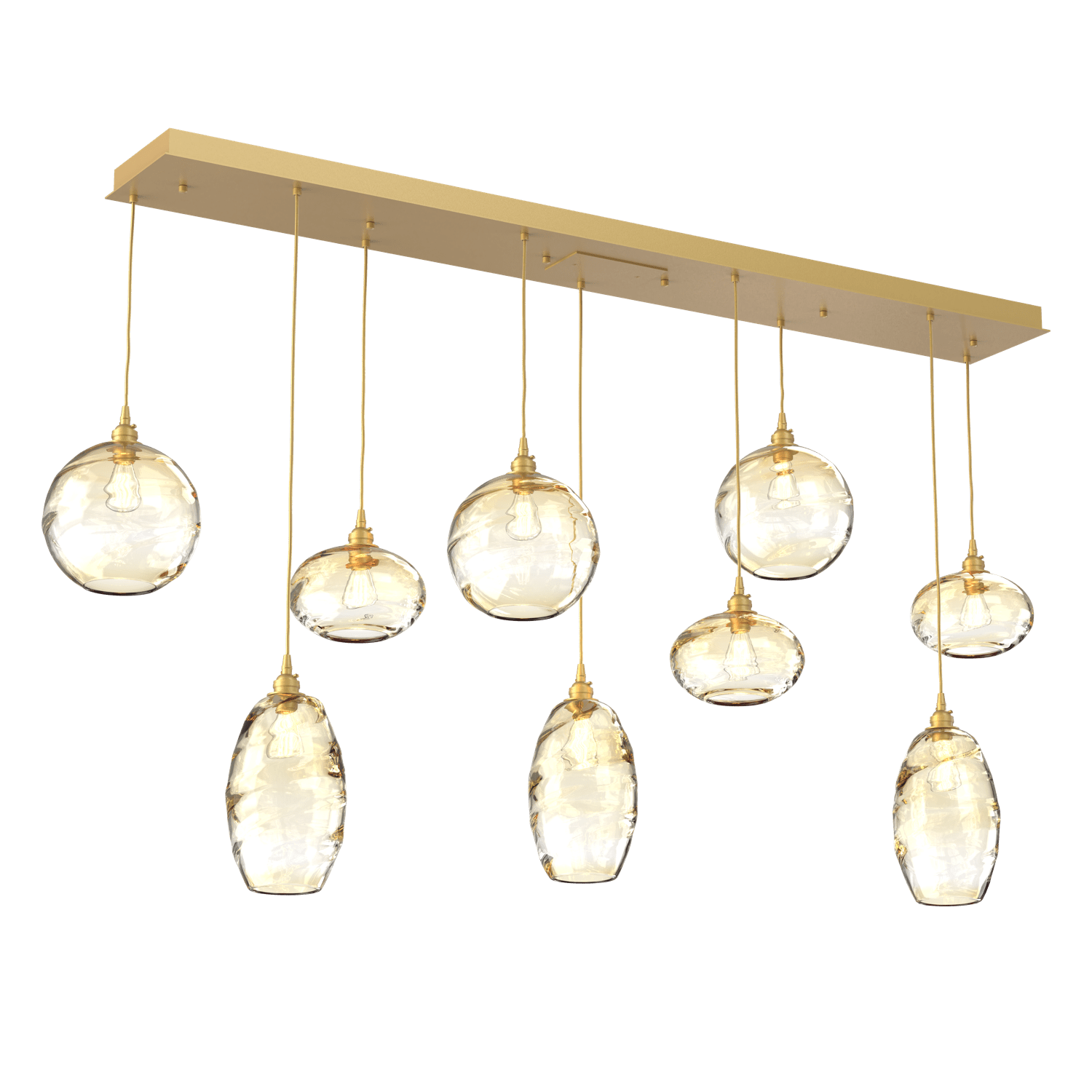 PLB0048-09-GB-OA-Hammerton-Studio-Optic-Blown-Glass-Misto-9-light-linear-pendant-chandelier-with-gilded-brass-finish-and-optic-amber-blown-glass-shades-and-incandescent-lamping