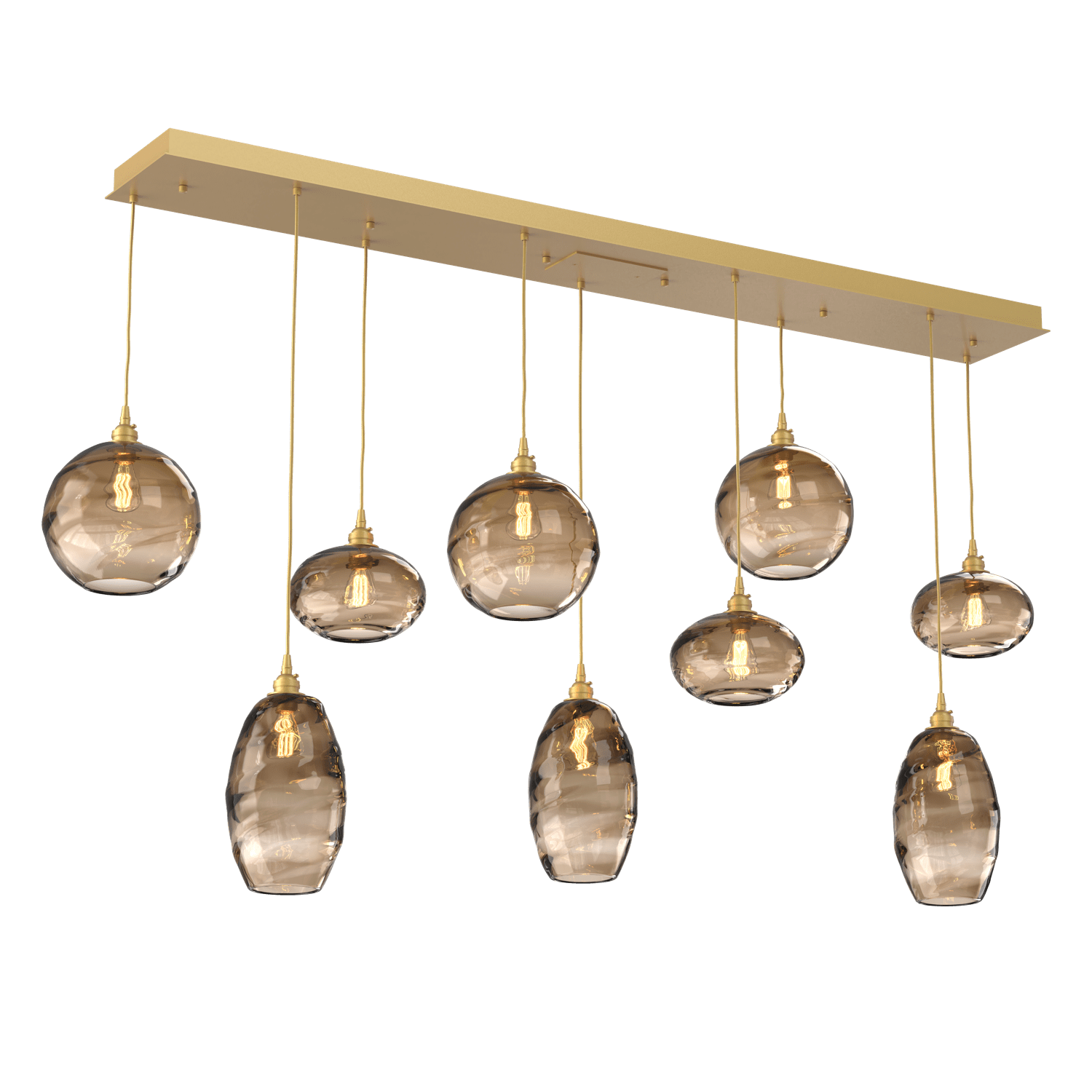 PLB0048-09-GB-OB-Hammerton-Studio-Optic-Blown-Glass-Misto-9-light-linear-pendant-chandelier-with-gilded-brass-finish-and-optic-bronze-blown-glass-shades-and-incandescent-lamping