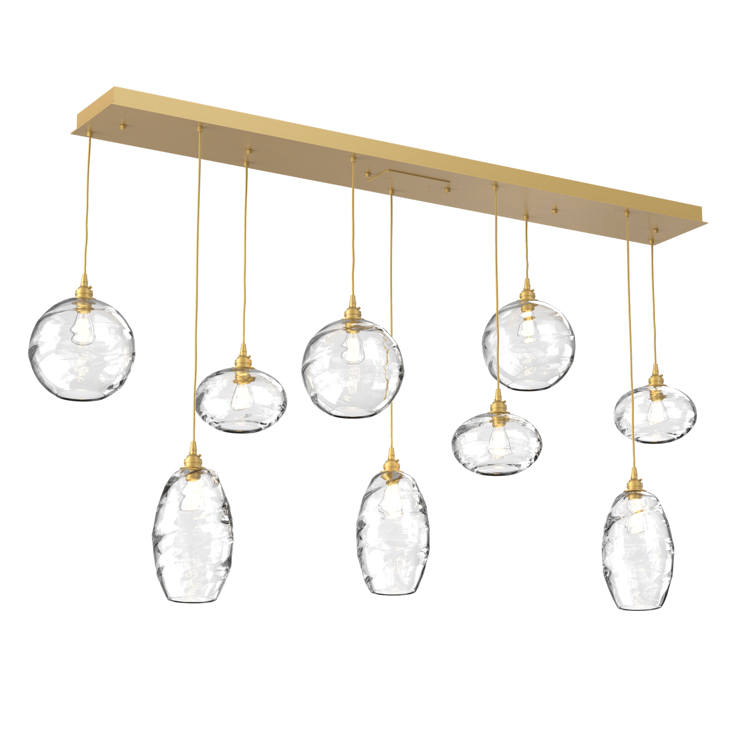 PLB0048-09-GB-OC-Hammerton-Studio-Optic-Blown-Glass-Misto-9-light-linear-pendant-chandelier-with-gilded-brass-finish-and-optic-clear-blown-glass-shades-and-incandescent-lamping