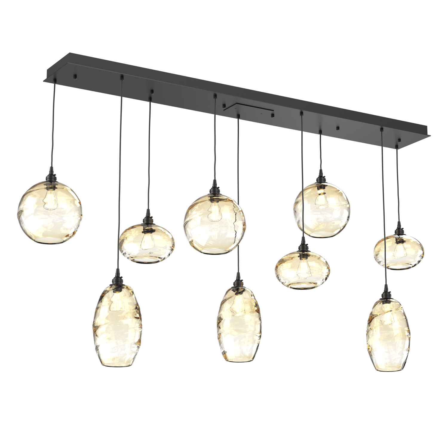 PLB0048-09-MB-OA-Hammerton-Studio-Optic-Blown-Glass-Misto-9-light-linear-pendant-chandelier-with-matte-black-finish-and-optic-amber-blown-glass-shades-and-incandescent-lamping