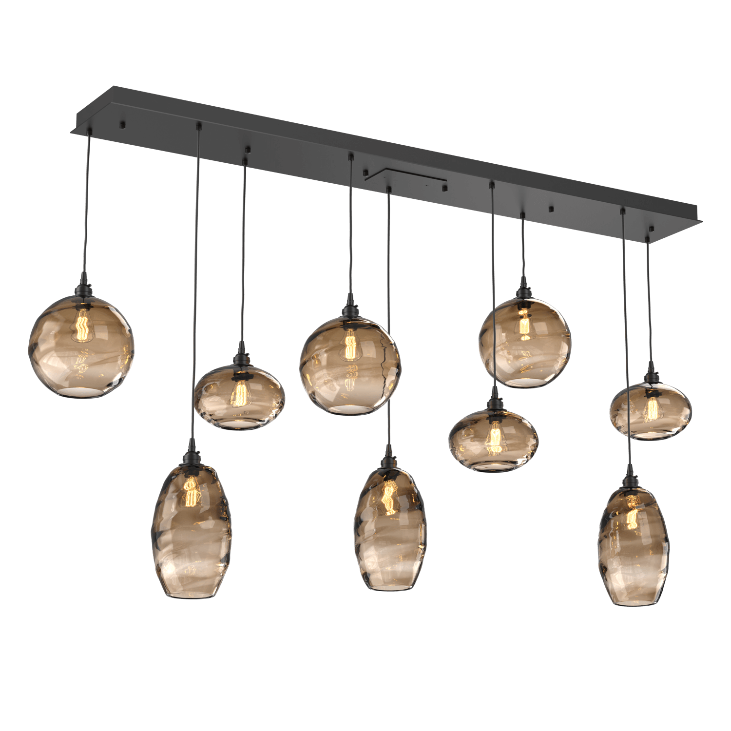PLB0048-09-MB-OB-Hammerton-Studio-Optic-Blown-Glass-Misto-9-light-linear-pendant-chandelier-with-matte-black-finish-and-optic-bronze-blown-glass-shades-and-incandescent-lamping