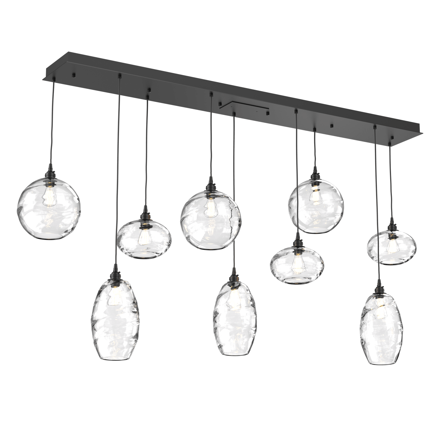 PLB0048-09-MB-OC-Hammerton-Studio-Optic-Blown-Glass-Misto-9-light-linear-pendant-chandelier-with-matte-black-finish-and-optic-clear-blown-glass-shades-and-incandescent-lamping