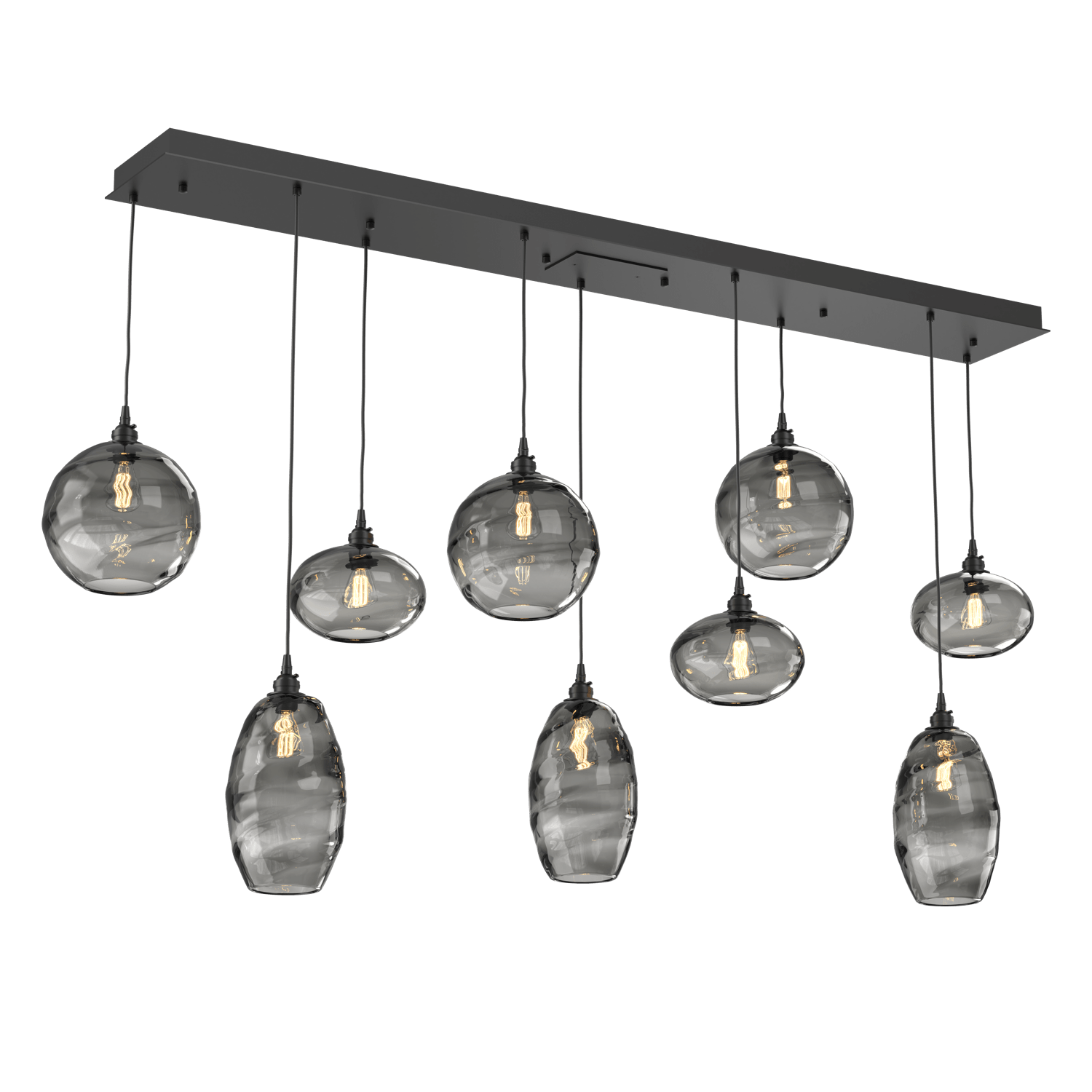 PLB0048-09-MB-OS-Hammerton-Studio-Optic-Blown-Glass-Misto-9-light-linear-pendant-chandelier-with-matte-black-finish-and-optic-smoke-blown-glass-shades-and-incandescent-lamping