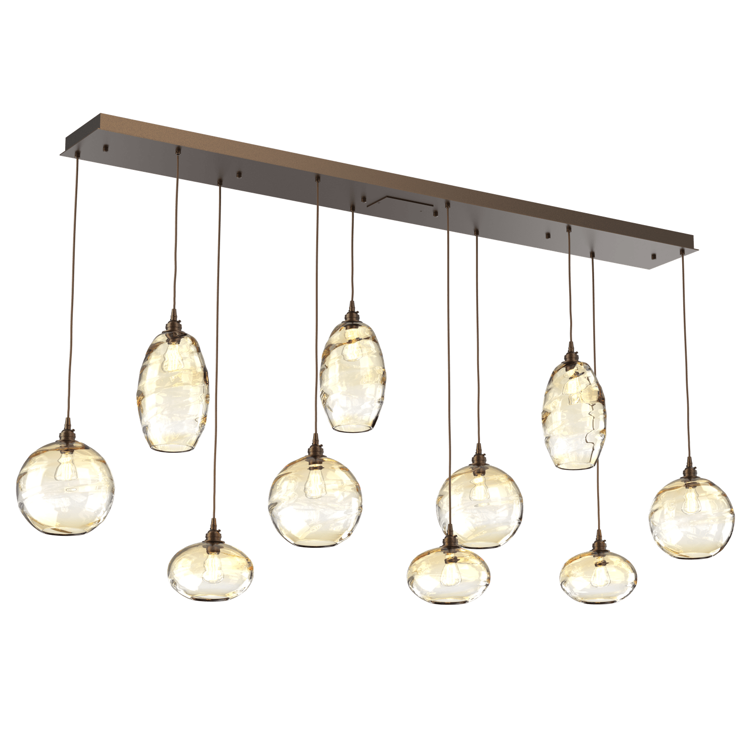 PLB0048-10-FB-OA-Hammerton-Studio-Optic-Blown-Glass-Misto-10-light-linear-pendant-chandelier-with-flat-bronze-finish-and-optic-amber-blown-glass-shades-and-incandescent-lamping