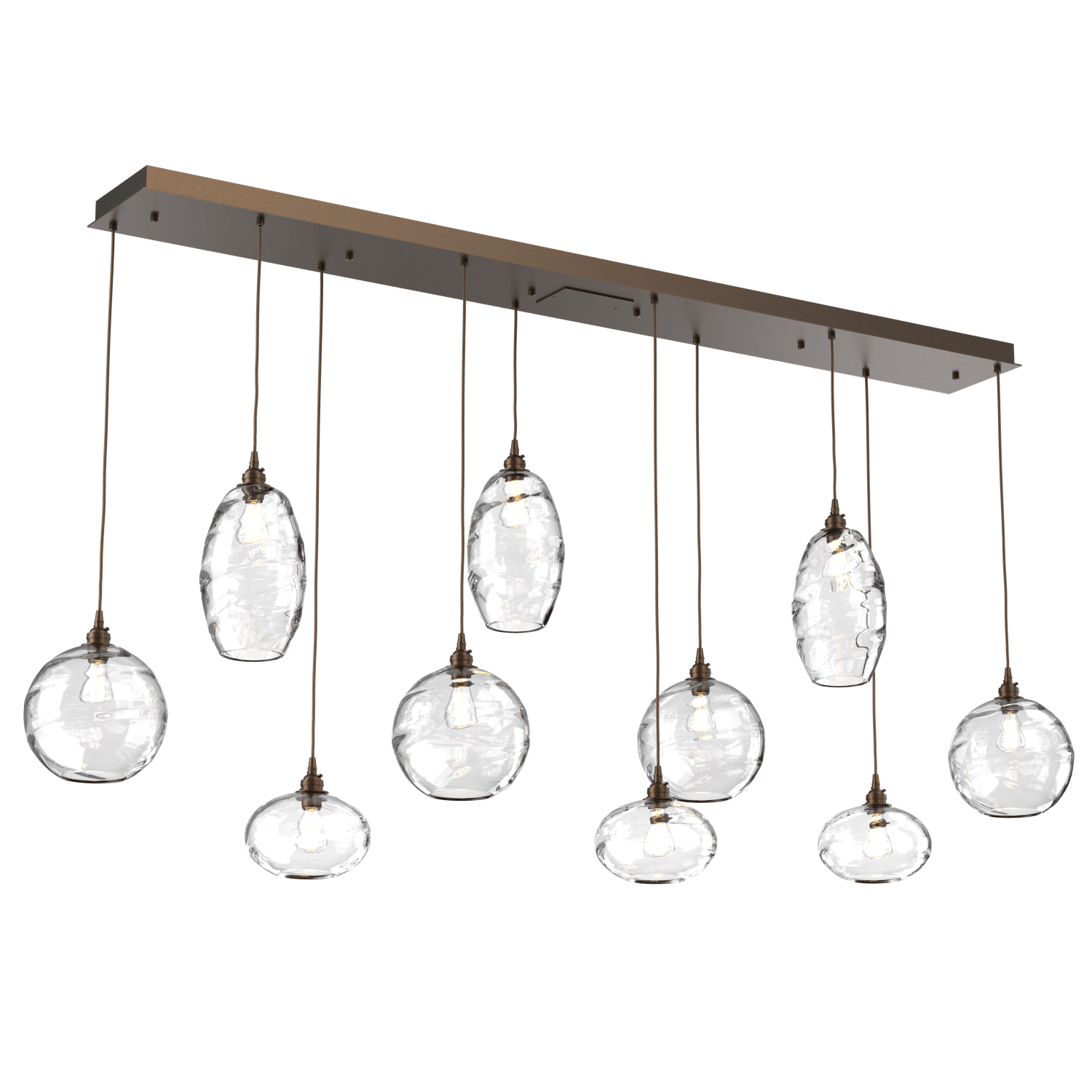 PLB0048-10-FB-OC-Hammerton-Studio-Optic-Blown-Glass-Misto-10-light-linear-pendant-chandelier-with-flat-bronze-finish-and-optic-clear-blown-glass-shades-and-incandescent-lamping