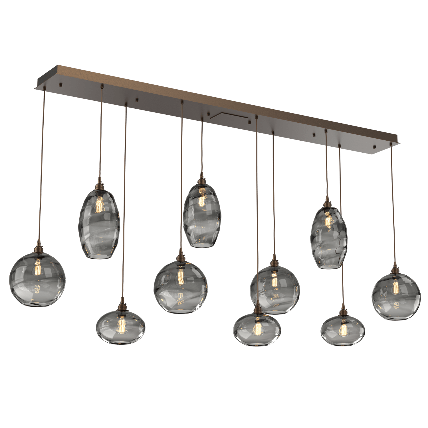 PLB0048-10-FB-OS-Hammerton-Studio-Optic-Blown-Glass-Misto-10-light-linear-pendant-chandelier-with-flat-bronze-finish-and-optic-smoke-blown-glass-shades-and-incandescent-lamping
