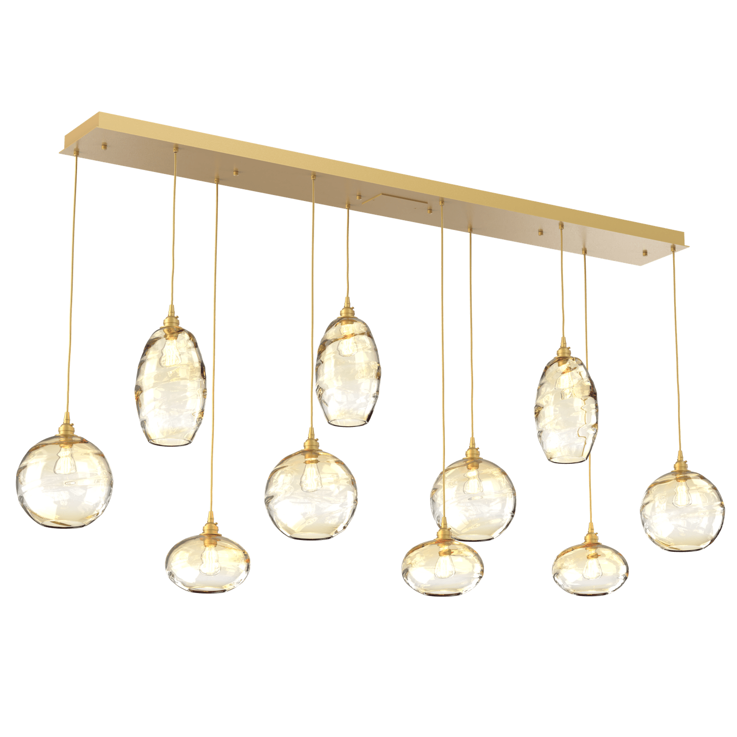 PLB0048-10-GB-OA-Hammerton-Studio-Optic-Blown-Glass-Misto-10-light-linear-pendant-chandelier-with-gilded-brass-finish-and-optic-amber-blown-glass-shades-and-incandescent-lamping