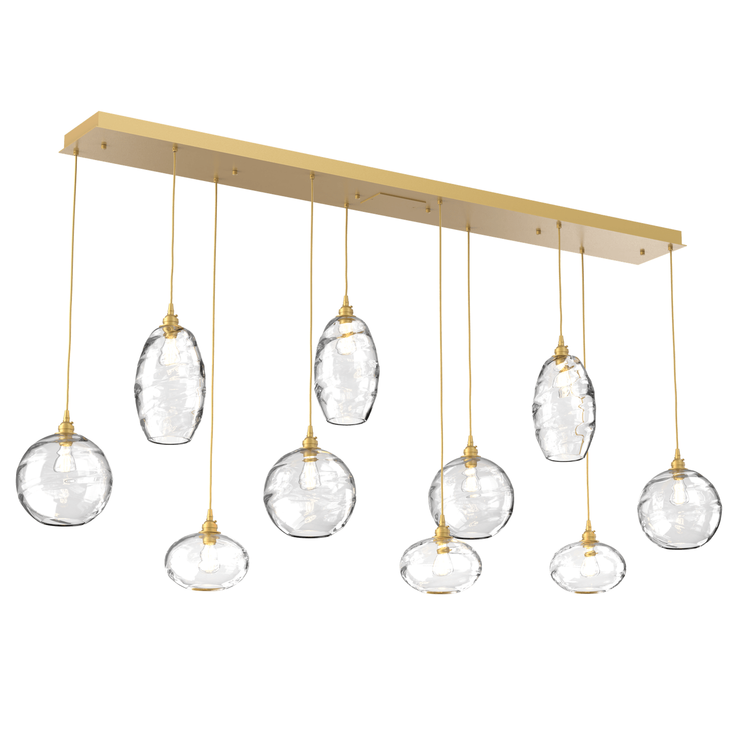 PLB0048-10-GB-OC-Hammerton-Studio-Optic-Blown-Glass-Misto-10-light-linear-pendant-chandelier-with-gilded-brass-finish-and-optic-clear-blown-glass-shades-and-incandescent-lamping