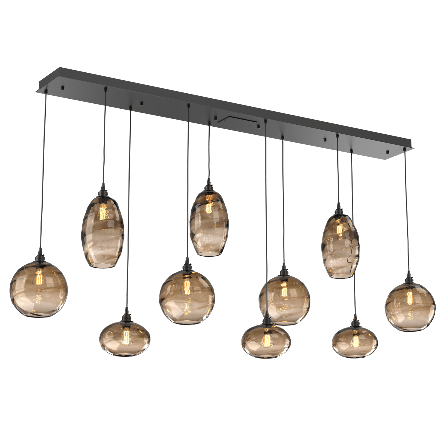 PLB0048-10-MB-OB-Hammerton-Studio-Optic-Blown-Glass-Misto-10-light-linear-pendant-chandelier-with-matte-black-finish-and-optic-bronze-blown-glass-shades-and-incandescent-lamping