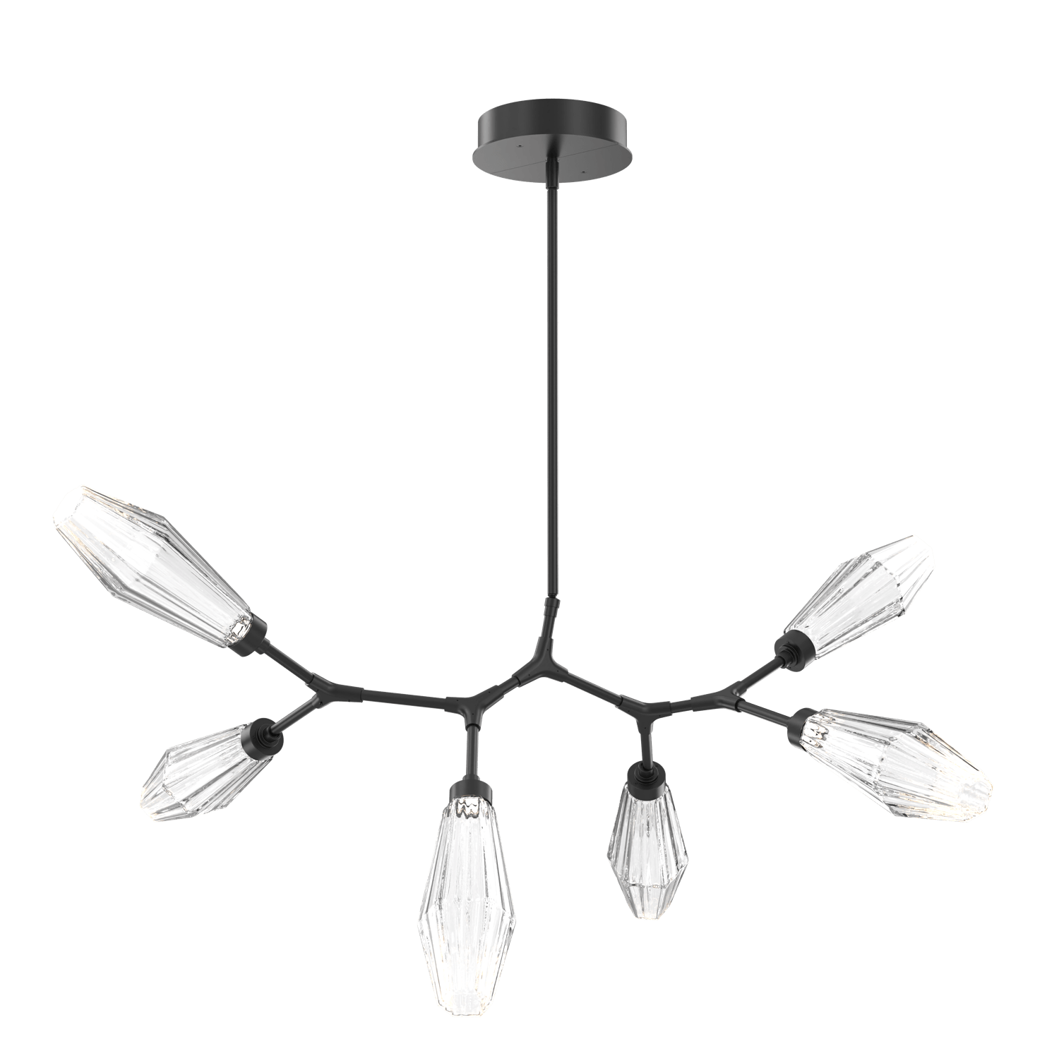 PLB0049-BA-MB-RC-Hammerton-Studio-Aalto-6-light-modern-branch-chandelier-with-matte-black-finish-and-optic-ribbed-clear-glass-shades-and-LED-lamping