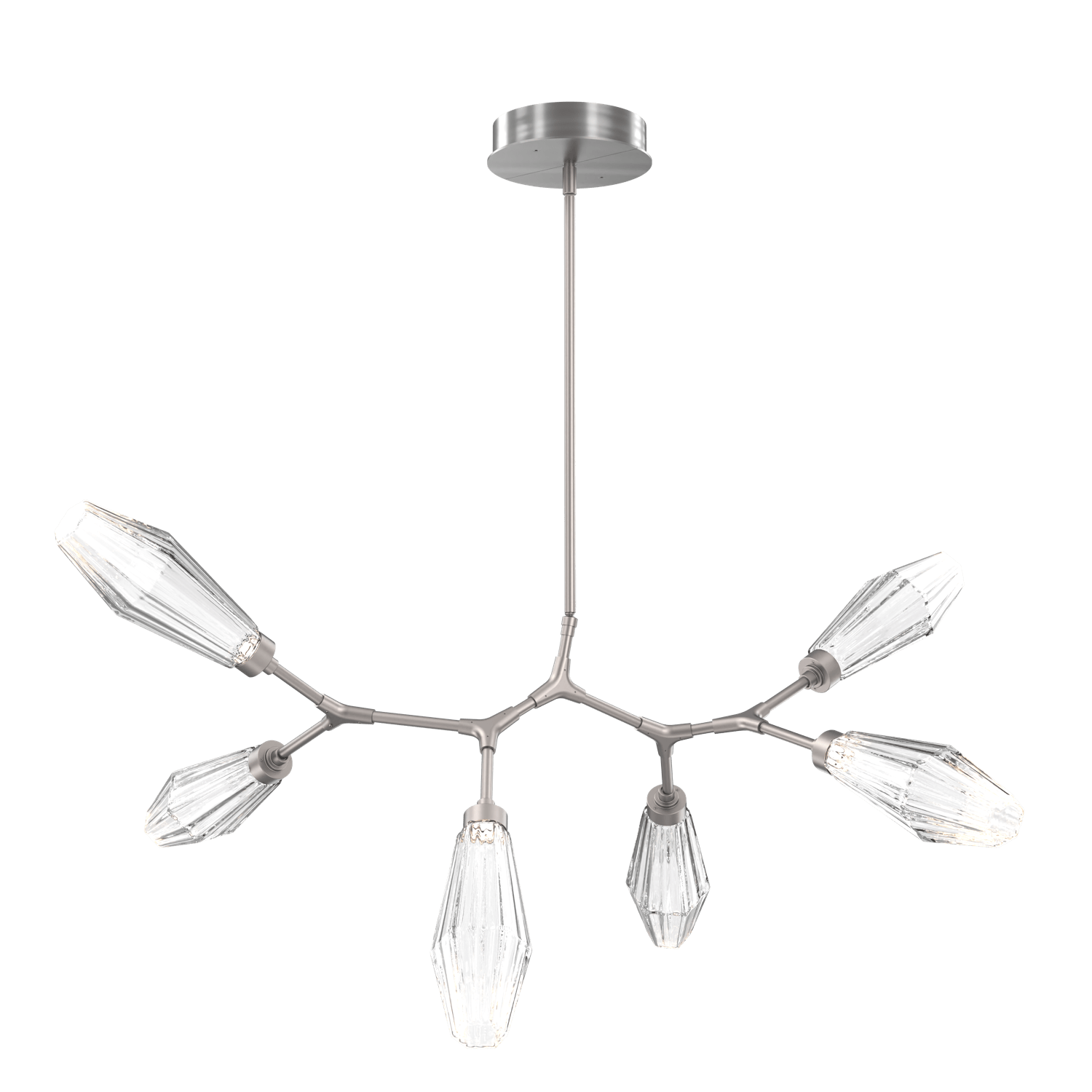 PLB0049-BA-SN-RC-Hammerton-Studio-Aalto-6-light-modern-branch-chandelier-with-satin-nickel-finish-and-optic-ribbed-clear-glass-shades-and-LED-lamping