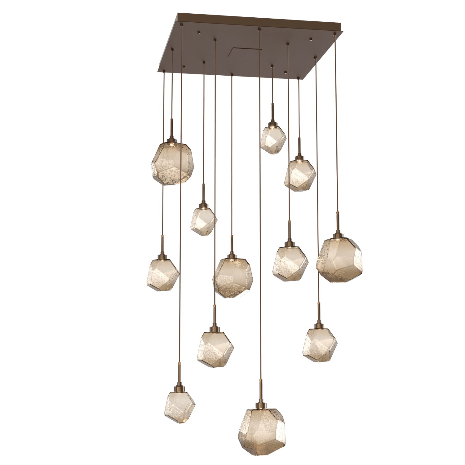 CHB0039-12-FB-B-Hammerton-Studio-Gem-12-light-square-pendant-chandelier-with-flat-bronze-finish-and-bronze-blown-glass-shades-and-LED-lamping