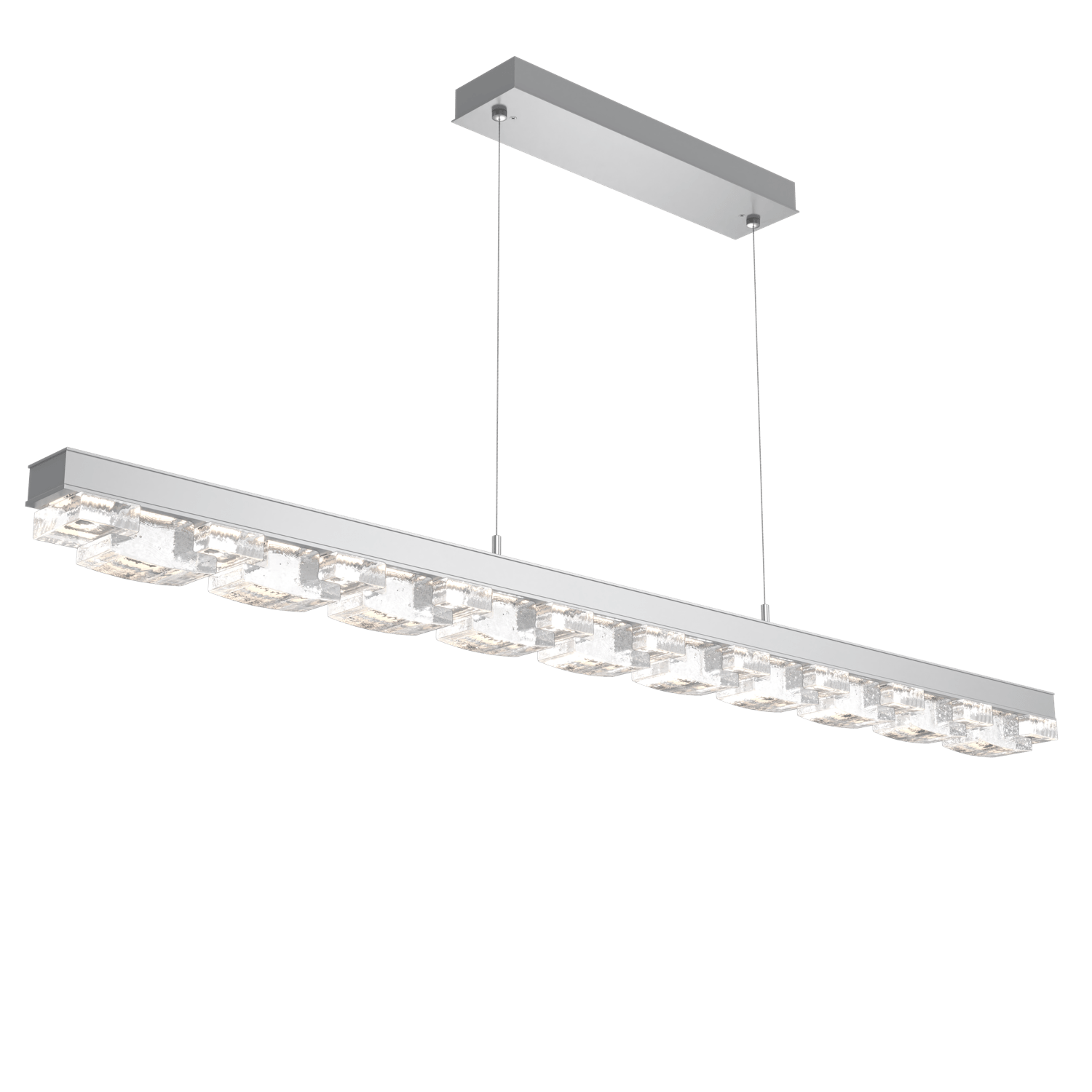 PLB0087-60-CS-TE-Hammerton-Studio-Tessera-62-inch-linear-chandelier-with-classic-silver-finish-and-clear-tetro-cast-glass-shade-and-LED-lamping