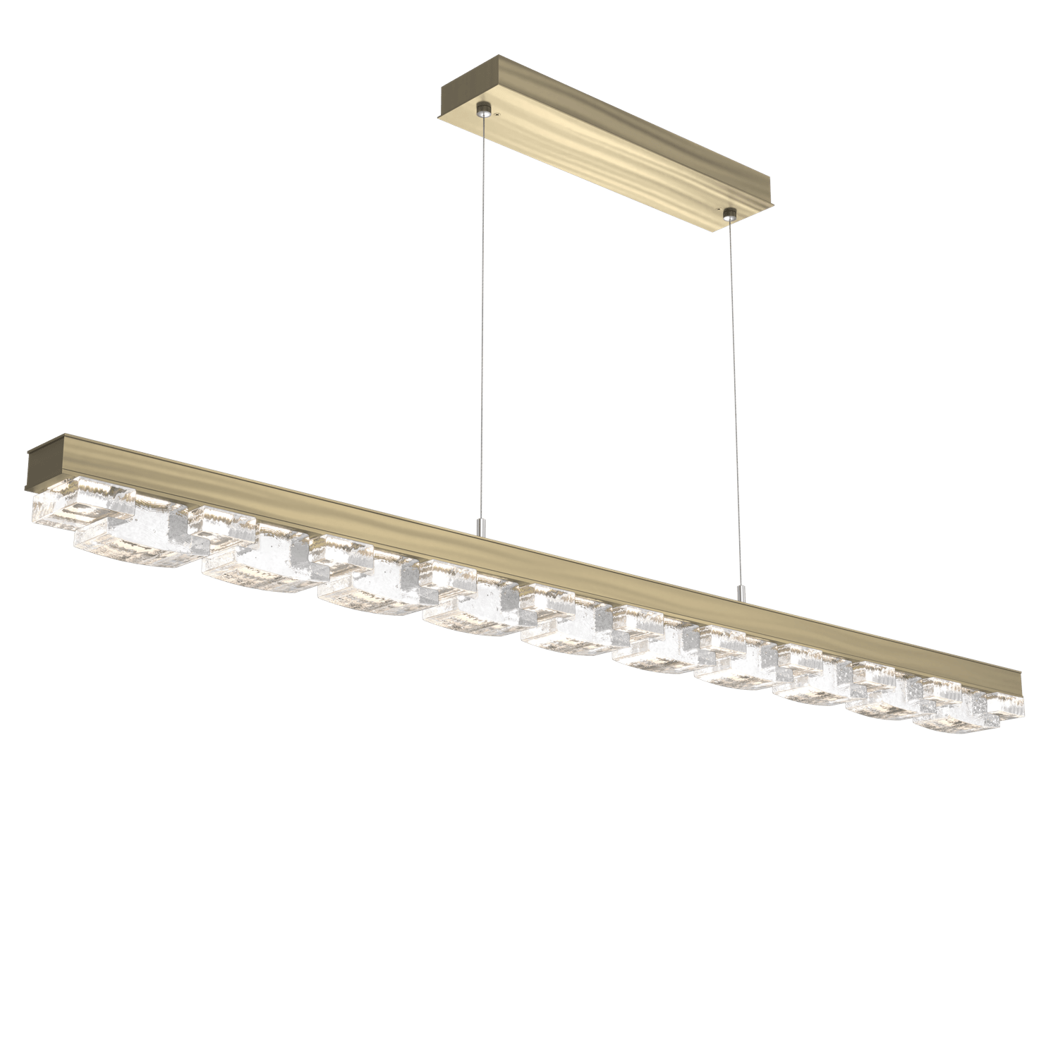 PLB0087-60-HB-TE-Hammerton-Studio-Tessera-62-inch-linear-chandelier-with-heritage-brass-finish-and-clear-tetro-cast-glass-shade-and-LED-lamping