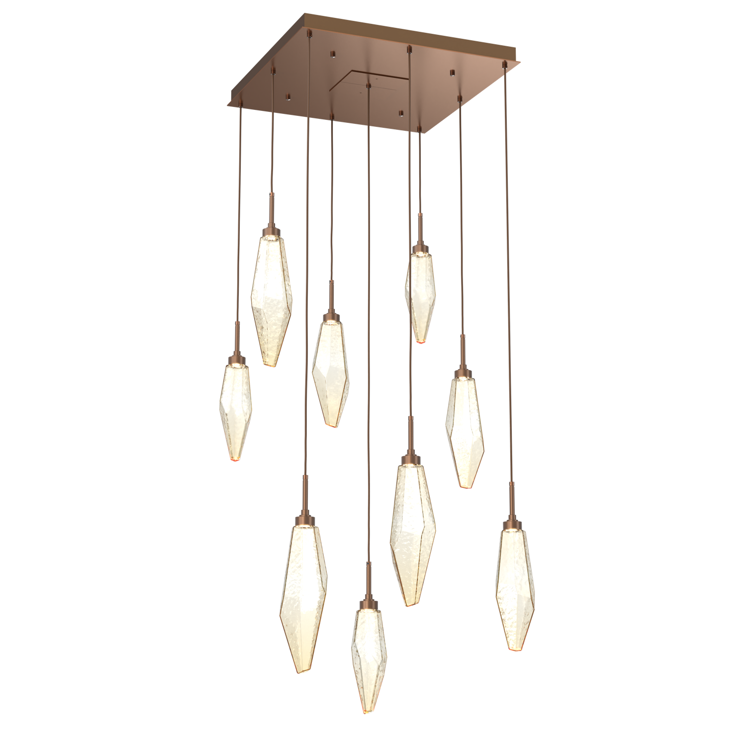 CHB0050-09-BB-CA-Hammerton-Studio-Rock-Crystal-9-light-square-pendant-chandelier-with-burnished-bronze-finish-and-chilled-amber-blown-glass-shades-and-LED-lamping