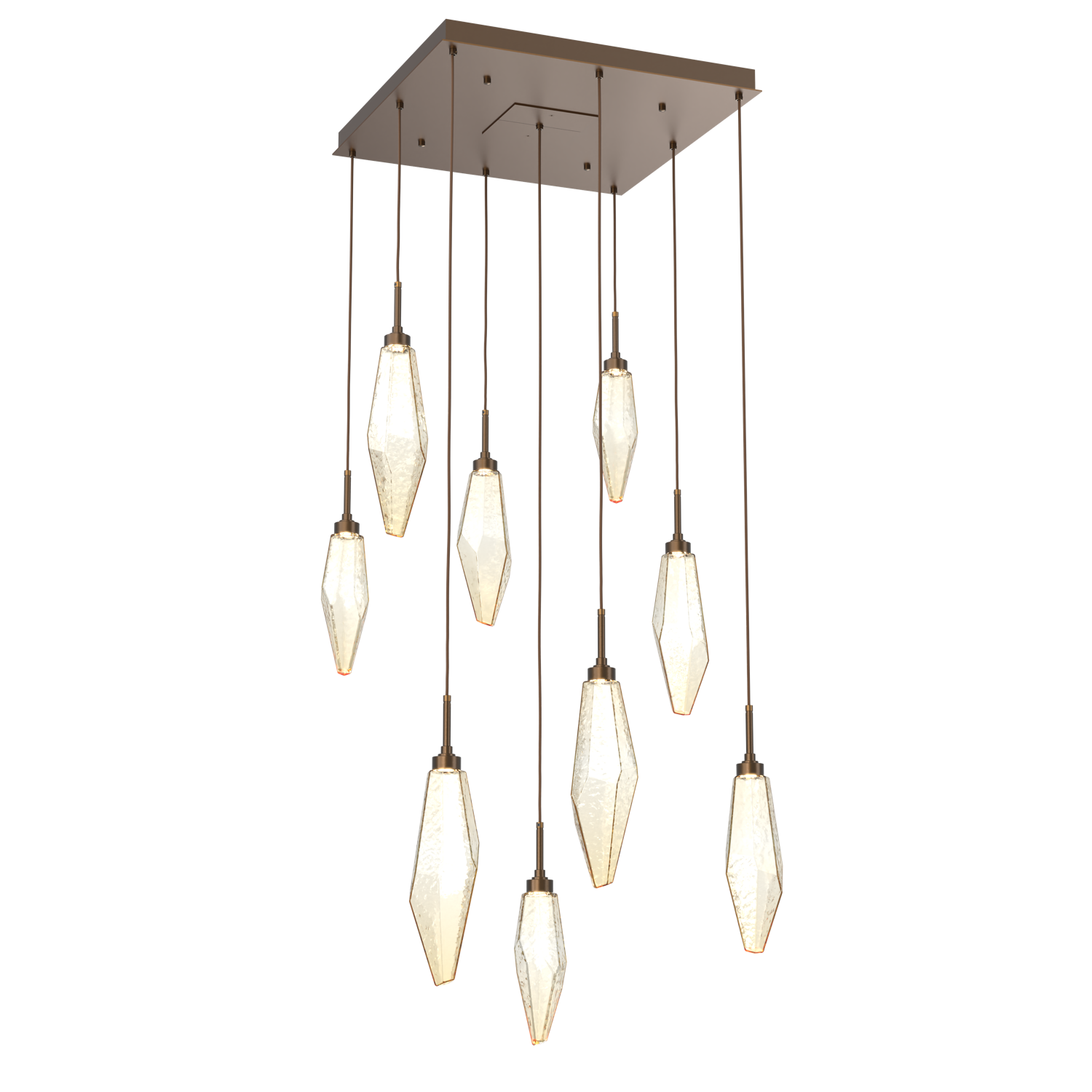 CHB0050-09-FB-CA-Hammerton-Studio-Rock-Crystal-9-light-square-pendant-chandelier-with-flat-bronze-finish-and-chilled-amber-blown-glass-shades-and-LED-lamping