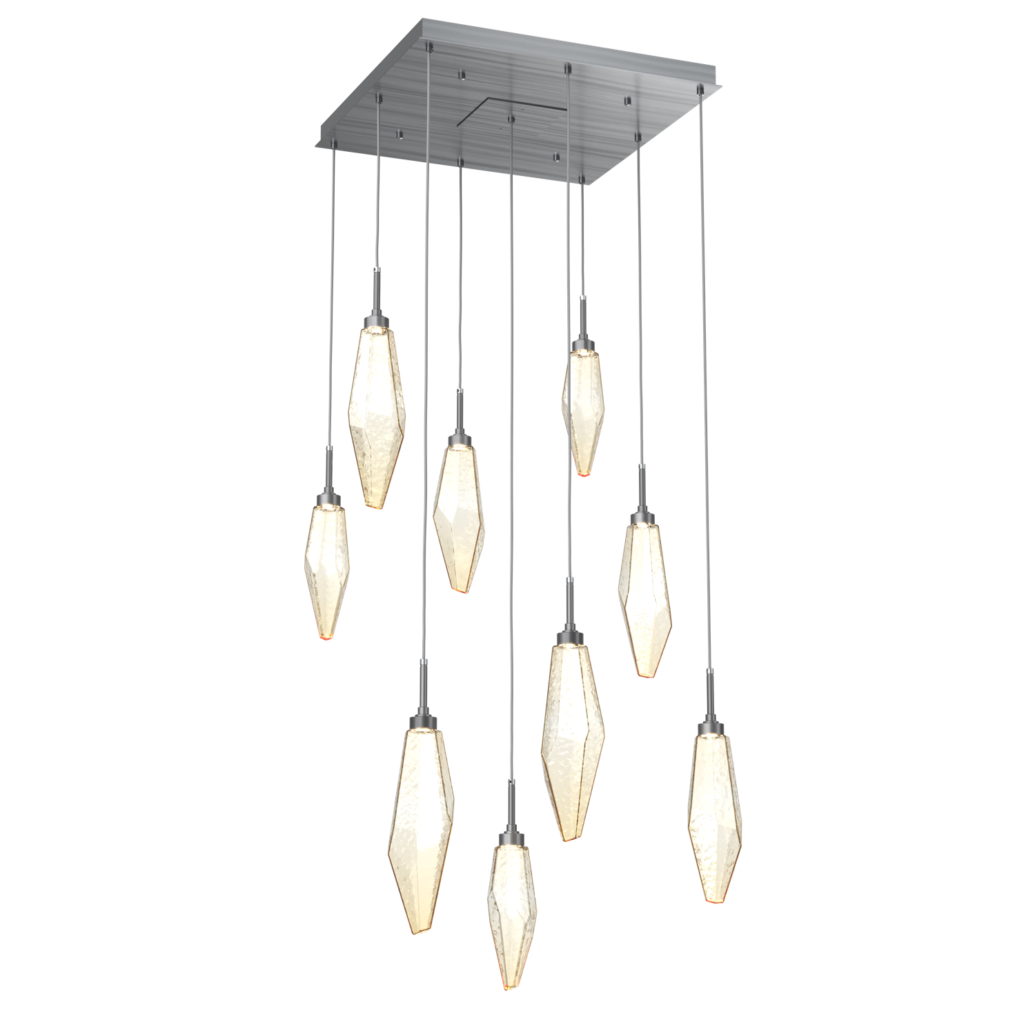 CHB0050-09-GM-CA-Hammerton-Studio-Rock-Crystal-9-light-square-pendant-chandelier-with-gunmetal-finish-and-chilled-amber-blown-glass-shades-and-LED-lamping