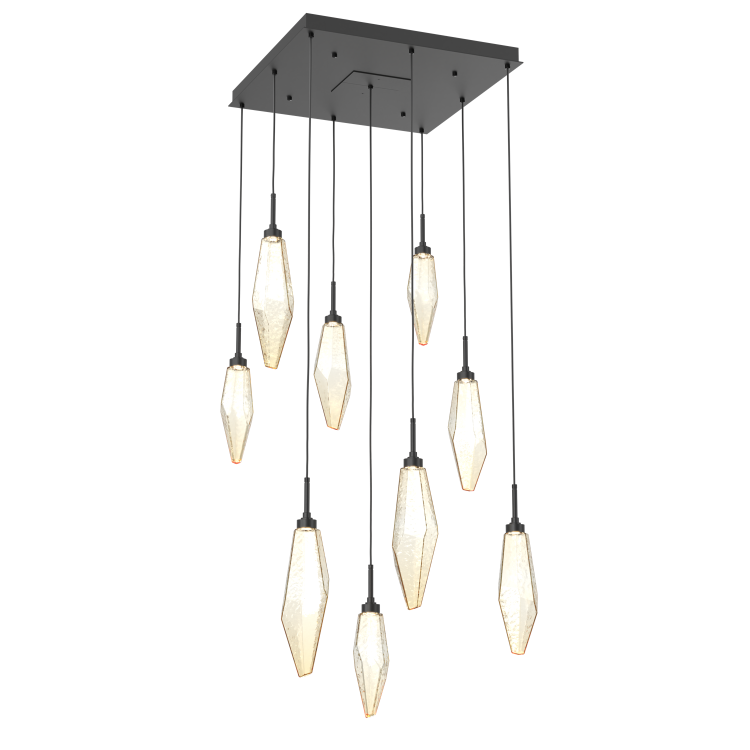 CHB0050-09-MB-CA-Hammerton-Studio-Rock-Crystal-9-light-square-pendant-chandelier-with-matte-black-finish-and-chilled-amber-blown-glass-shades-and-LED-lamping