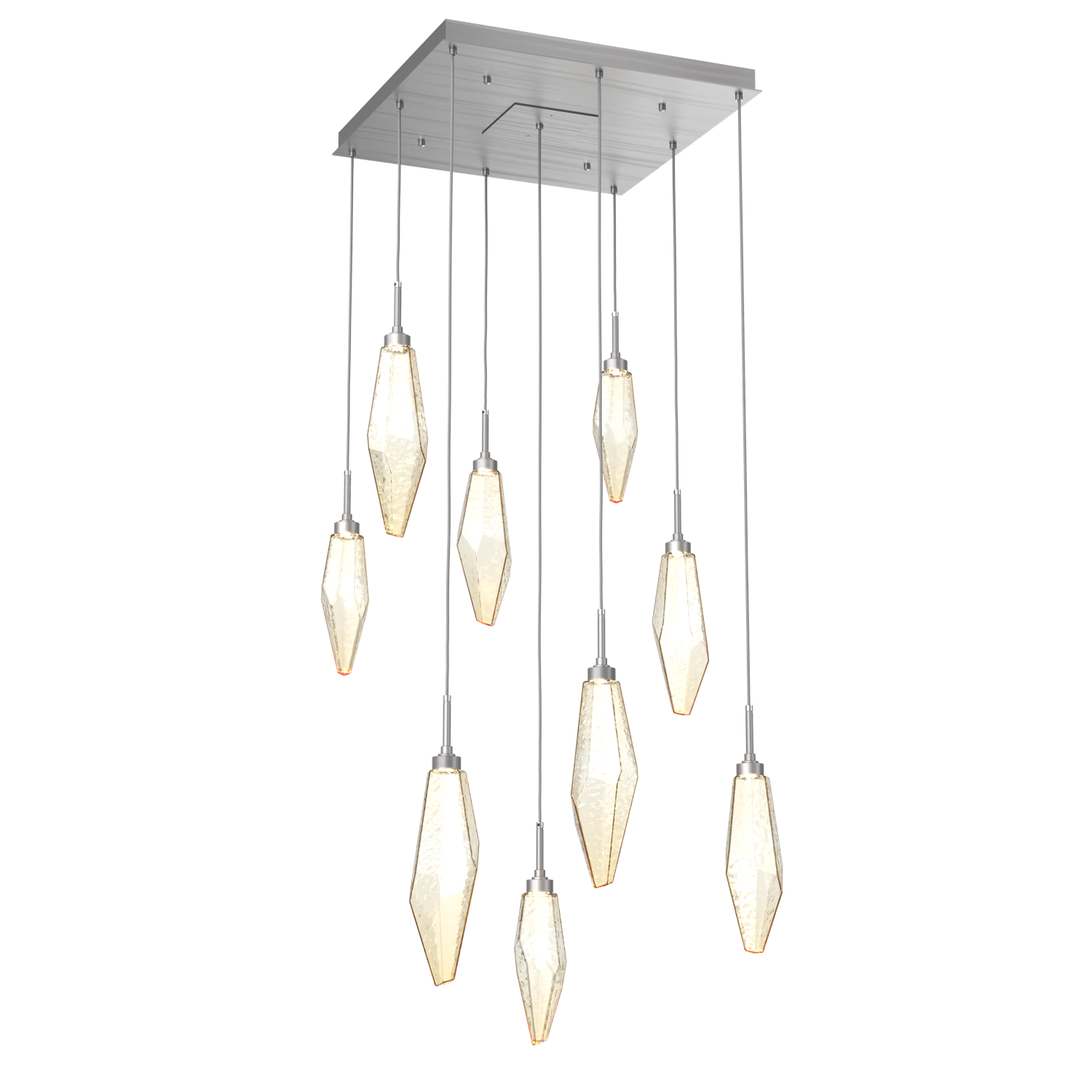 CHB0050-09-SN-CA-Hammerton-Studio-Rock-Crystal-9-light-square-pendant-chandelier-with-satin-nickel-finish-and-chilled-amber-blown-glass-shades-and-LED-lamping