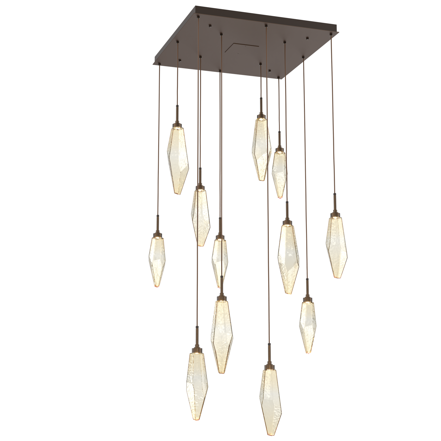 CHB0050-12-FB-CA-Hammerton-Studio-Rock-Crystal-12-light-square-pendant-chandelier-with-flat-bronze-finish-and-chilled-amber-blown-glass-shades-and-LED-lamping
